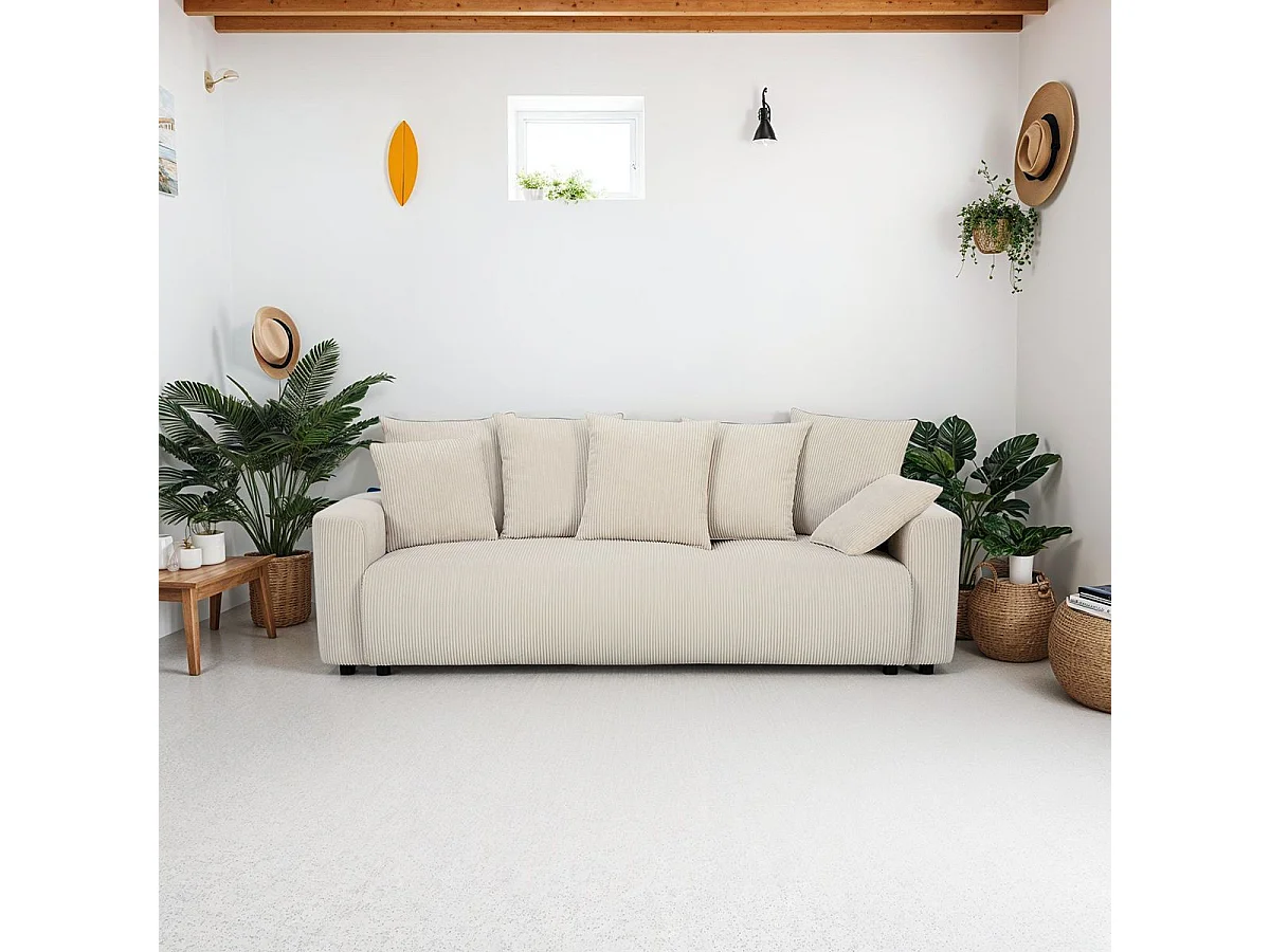 Canapé convertible 3 places en velours côtelé beige avec coffre de rangement - Uma