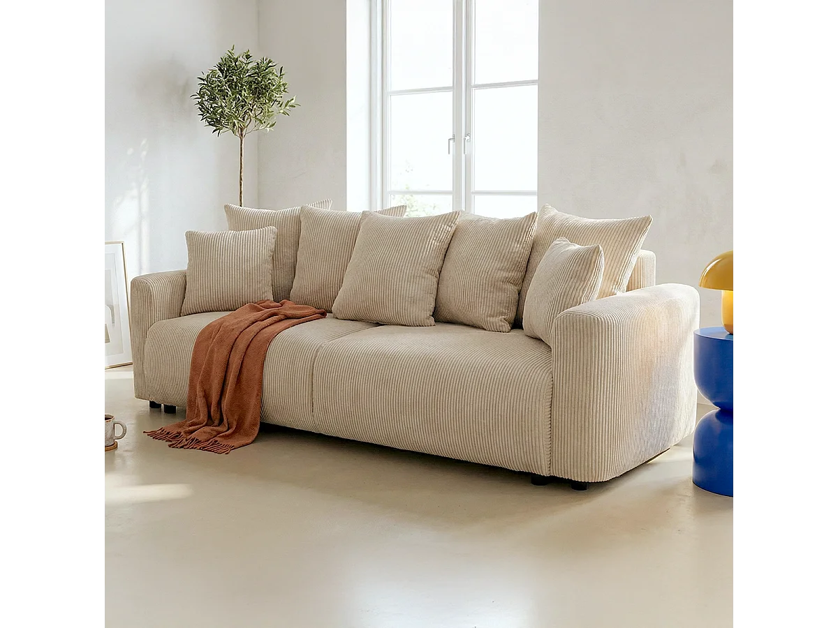 Canapé convertible 3 places en velours côtelé beige avec coffre de rangement - Uma