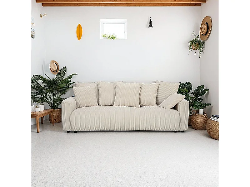 Canapé convertible 3 places en velours côtelé beige avec coffre de rangement - Uma