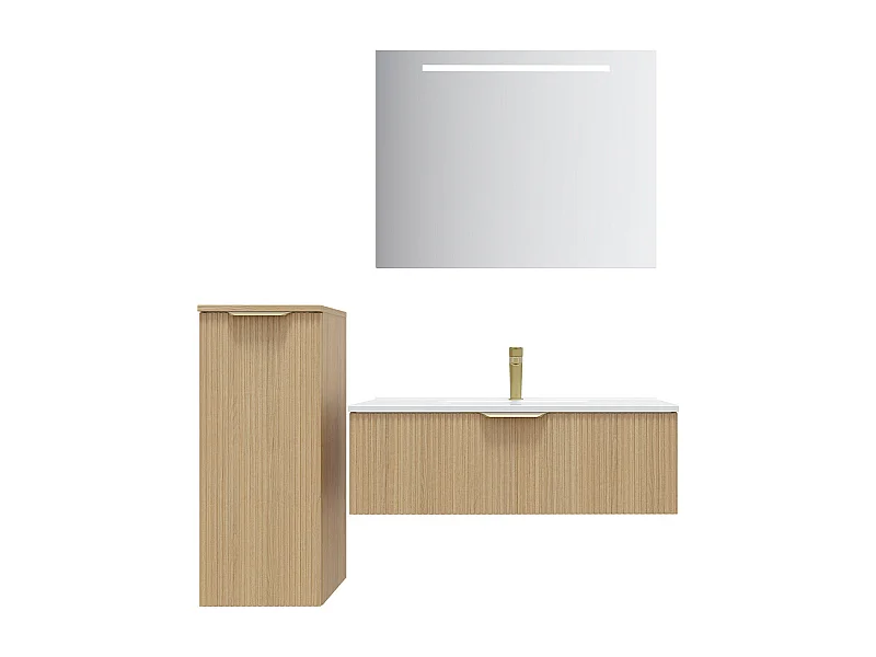 Meuble de salle de bain suspendu vasque intégrée 90cm 1 tiroir Chêne cannelé + miroir + colonne ouverture gauche - Venice