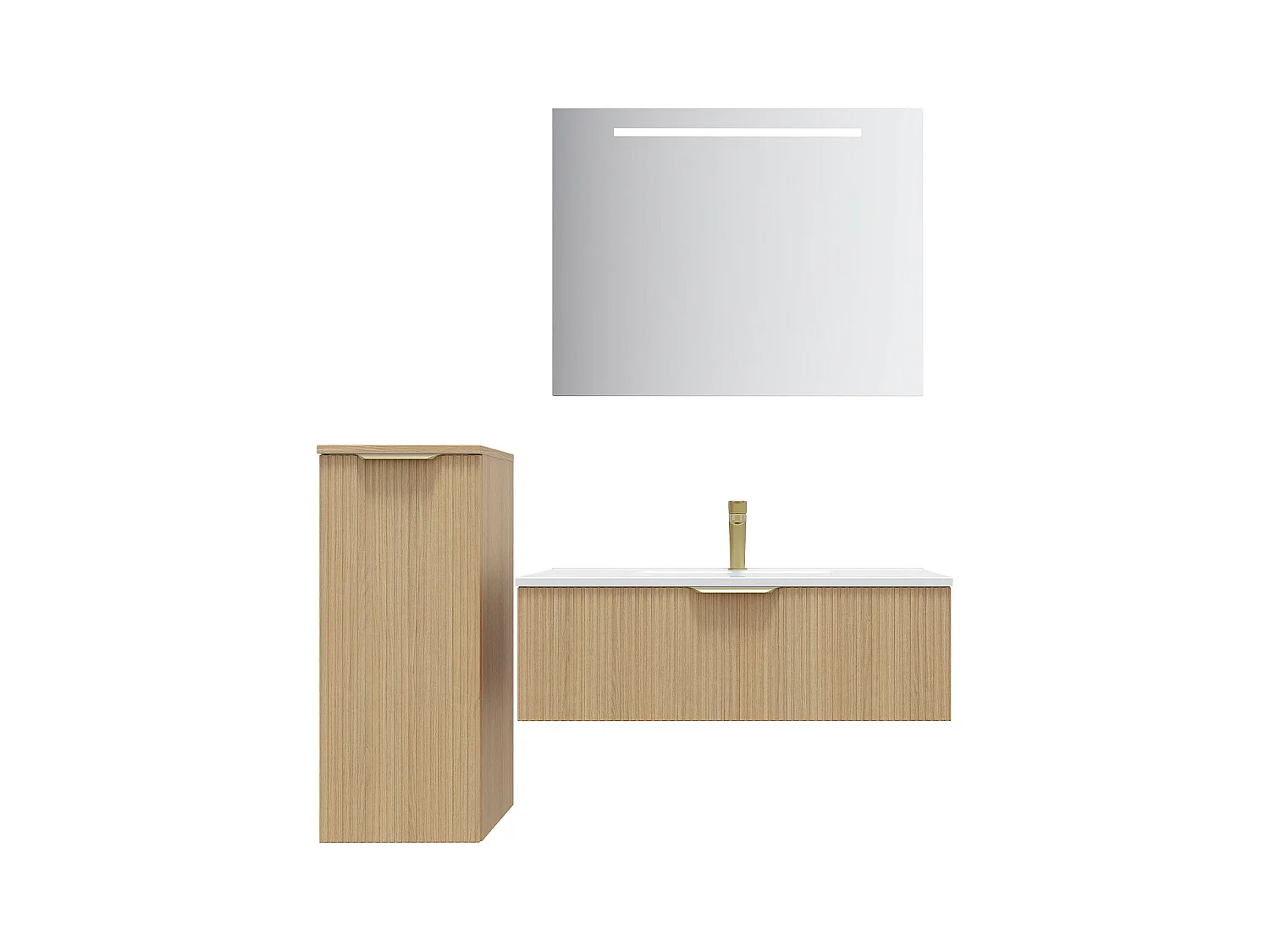 Meuble de salle de bain suspendu vasque intégrée 90cm 1 tiroir Chêne cannelé + miroir + colonne ouverture gauche - Venice