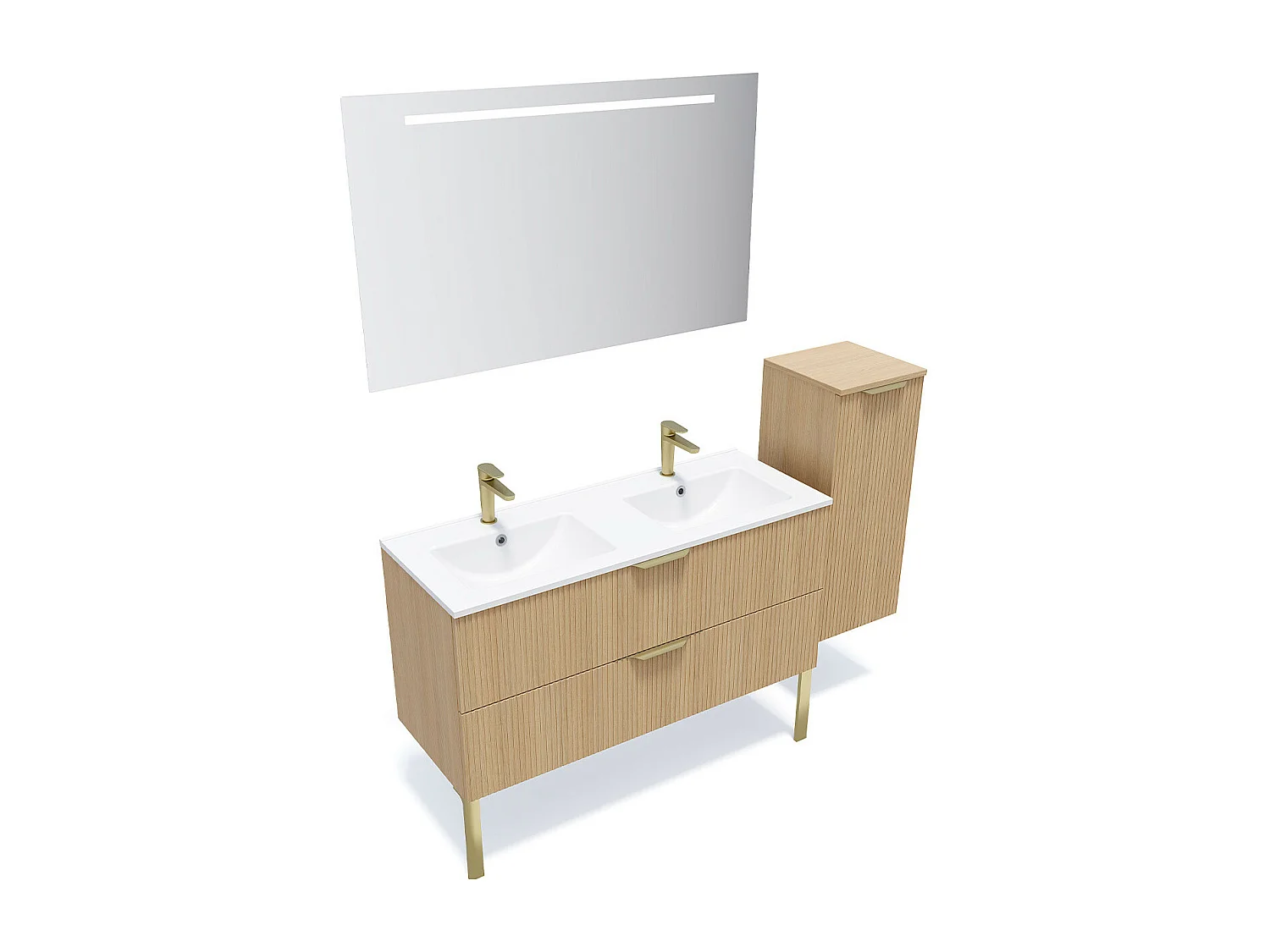 Meuble de salle de bain suspendu double vasque intégrée 120cm 2 tiroirs Chêne cannelé +miroir +colonne ouverture droite - Venice