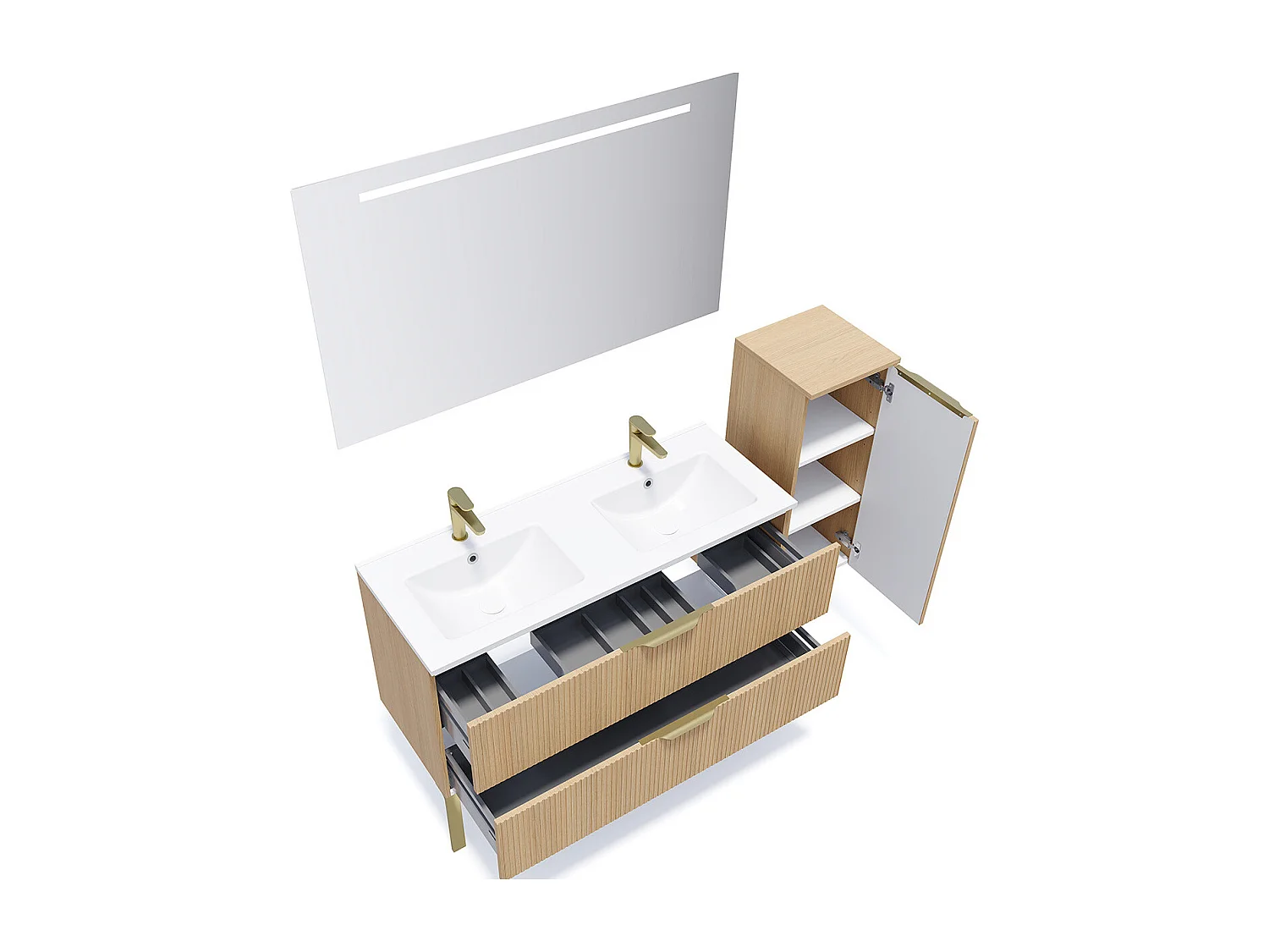 Meuble de salle de bain suspendu double vasque intégrée 120cm 2 tiroirs Chêne cannelé +miroir +colonne ouverture droite - Venice