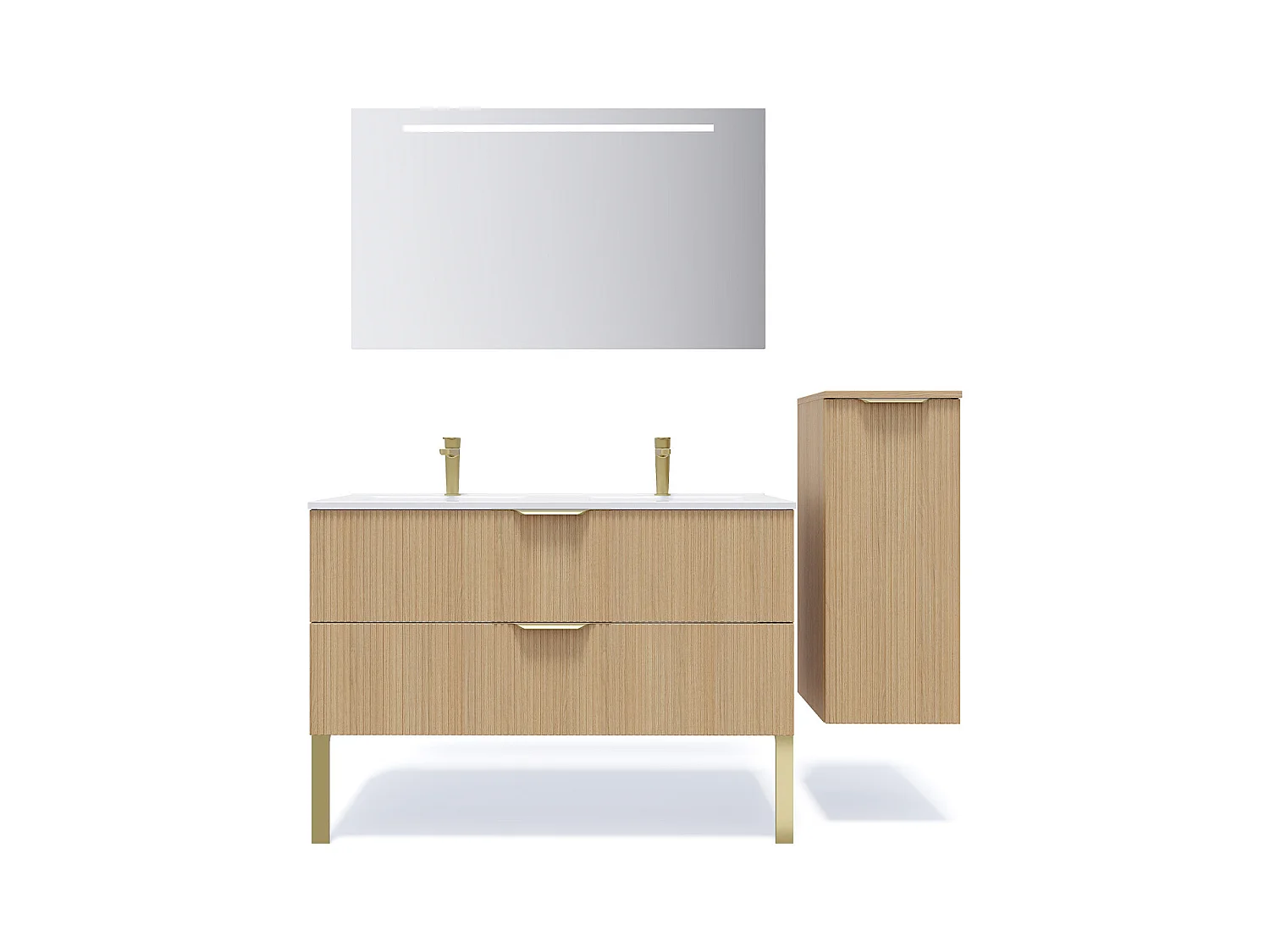 Meuble de salle de bain suspendu double vasque intégrée 120cm 2 tiroirs Chêne cannelé +miroir +colonne ouverture droite - Venice