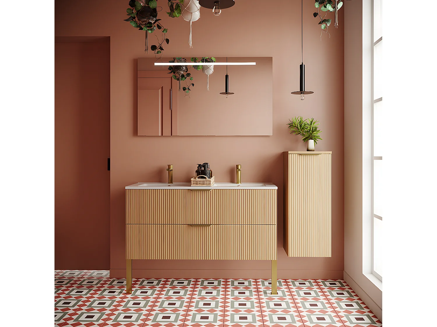 Meuble de salle de bain suspendu double vasque intégrée 120cm 2 tiroirs Chêne cannelé +miroir +colonne ouverture droite - Venice