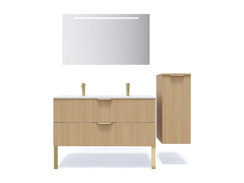 Meuble de salle de bain suspendu double vasque intégrée 120cm 2 tiroirs Chêne cannelé +miroir +colonne ouverture droite - Venice