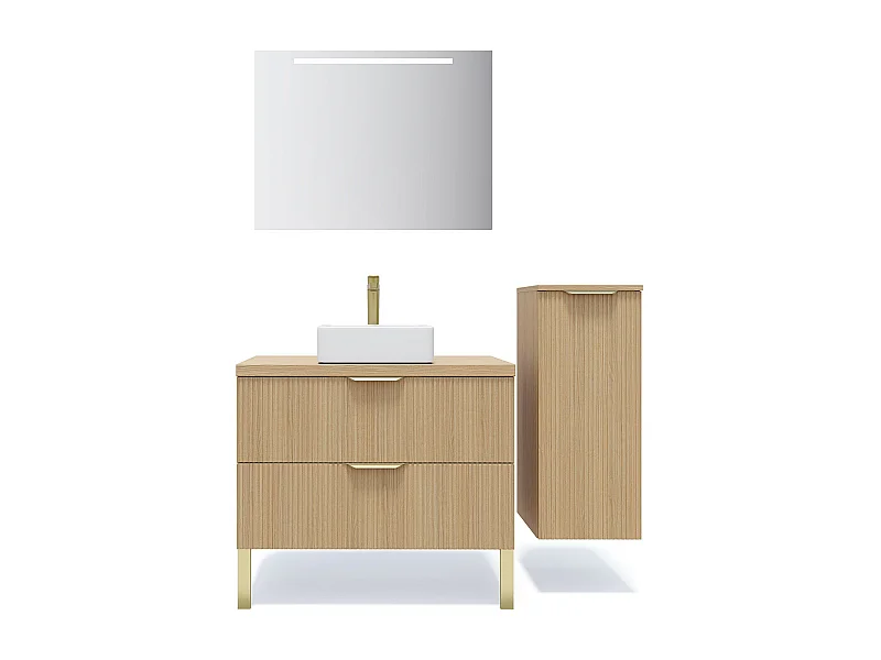 Meuble de salle de bain suspendu vasque à poser 90cm 2 tiroirs Chêne cannelé + miroir + colonne ouverture droite - Venice