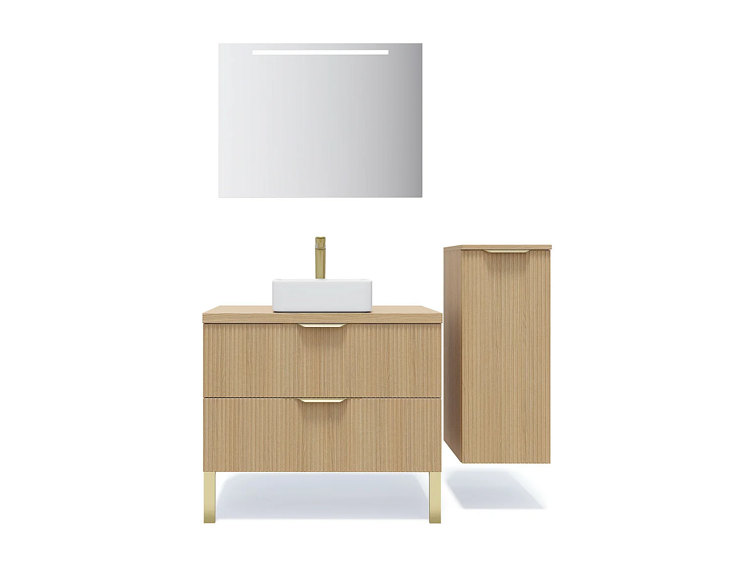 Meuble de salle de bain suspendu vasque à poser 90cm 2 tiroirs Chêne cannelé + miroir + colonne ouverture droite - Venice