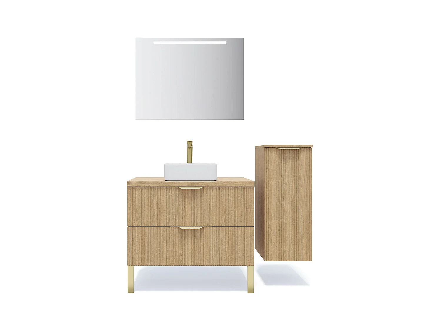 Meuble de salle de bain suspendu vasque à poser 90cm 2 tiroirs Chêne cannelé + miroir + colonne ouverture droite - Venice