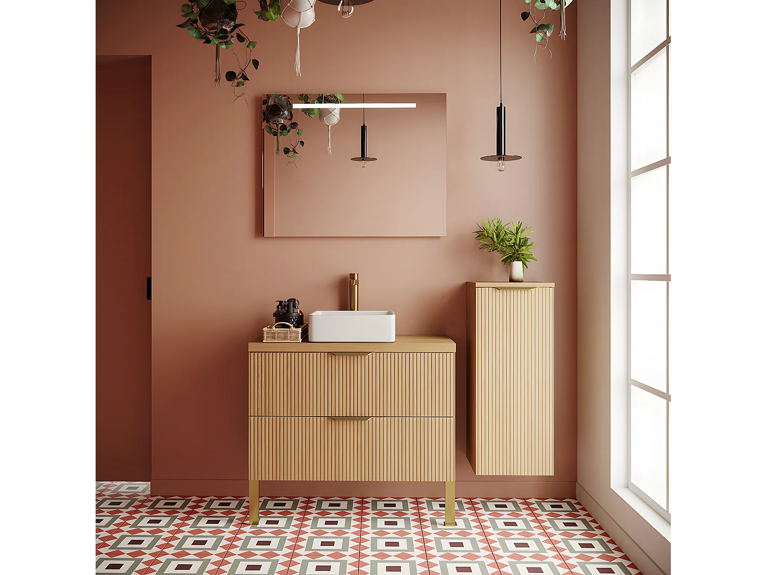 Meuble de salle de bain suspendu vasque à poser 90cm 2 tiroirs Chêne cannelé + miroir + colonne ouverture droite - Venice