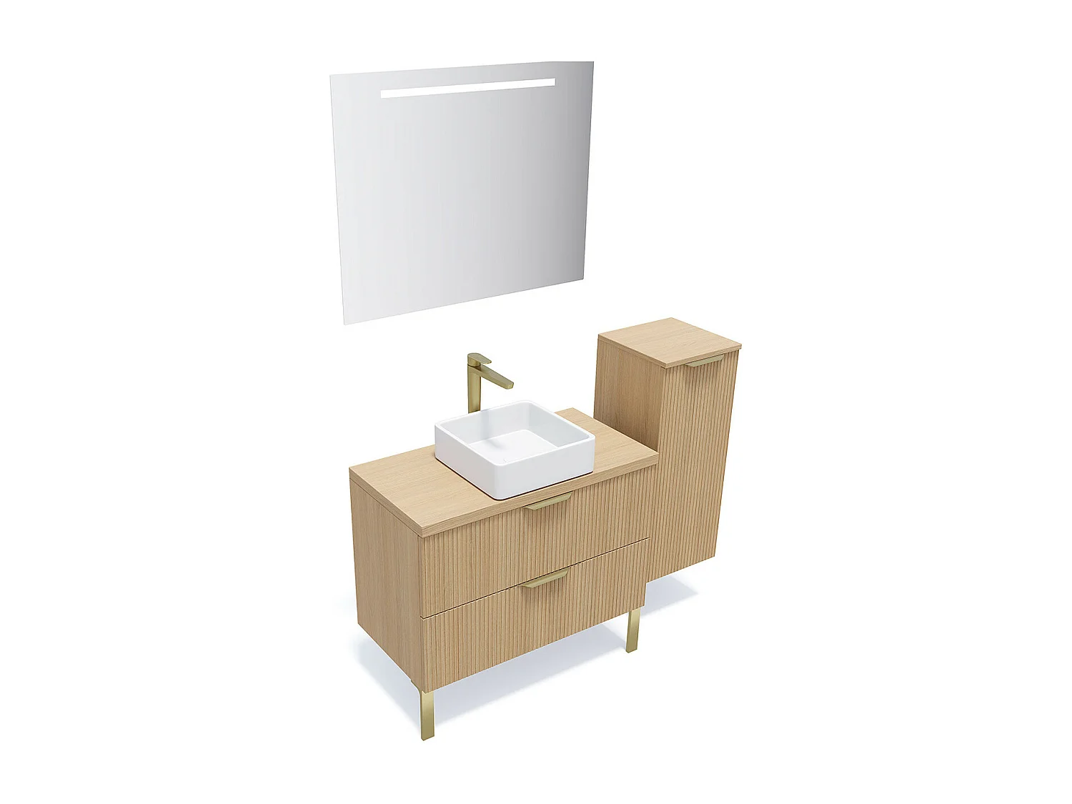 Meuble de salle de bain suspendu vasque à poser 90cm 2 tiroirs Chêne cannelé + miroir + colonne ouverture droite - Venice