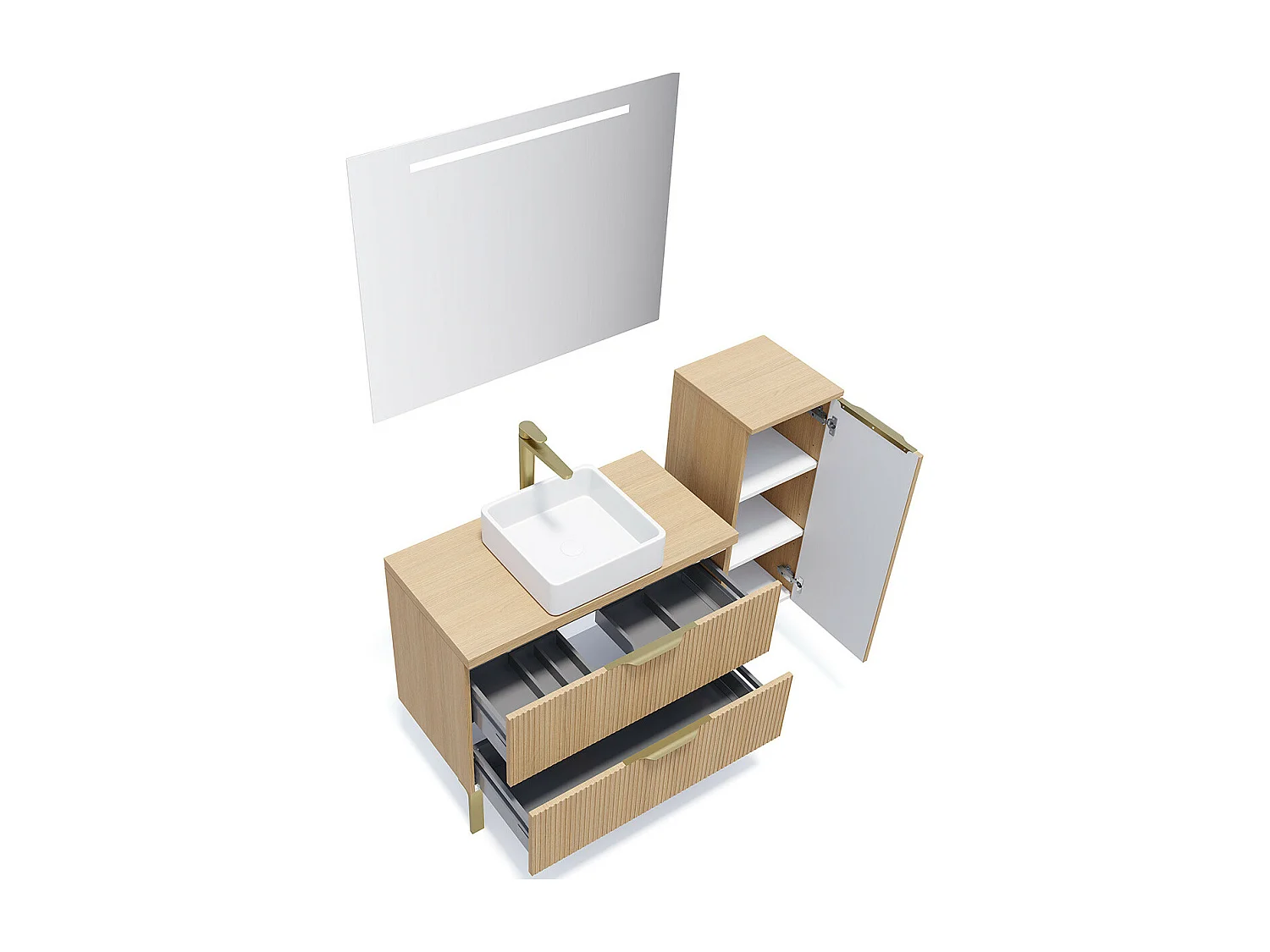 Meuble de salle de bain suspendu vasque à poser 90cm 2 tiroirs Chêne cannelé + miroir + colonne ouverture droite - Venice