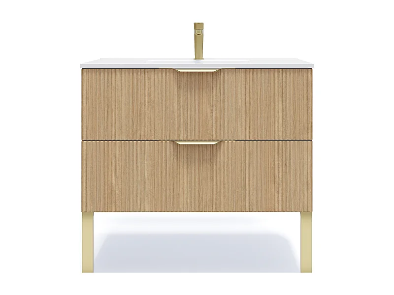 Meuble de salle de bain suspendu vasque intégrée 90cm 2 tiroirs Chêne cannelé - Venice