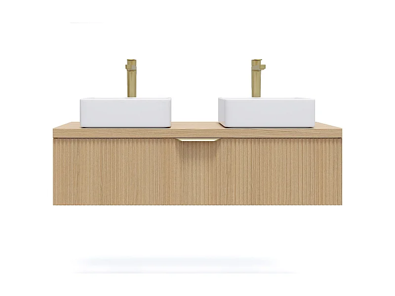 Meuble Salle De Bain Suspendu ZEVARA 120 Cm Avec Vasque à Encastrer Et Colonne - Façade Striée, Naturel Clair
