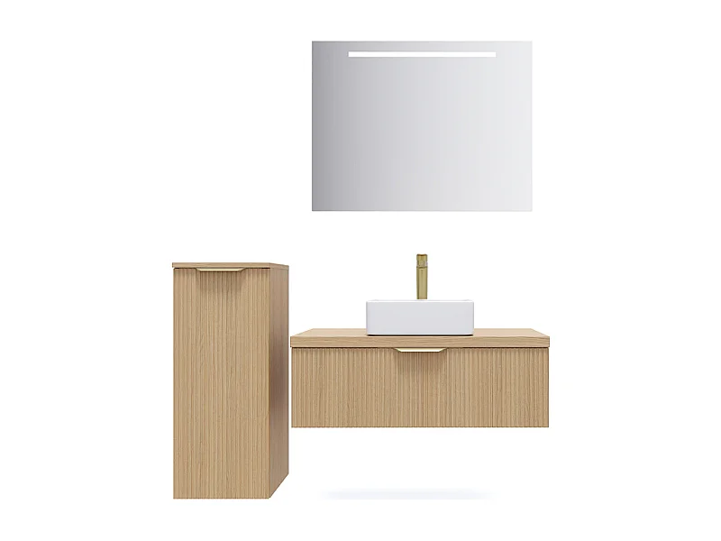 Meuble de salle de bain suspendu vasque à poser 90cm 1 tiroir Chêne cannelé + miroir + colonne ouverture gauche - Venice