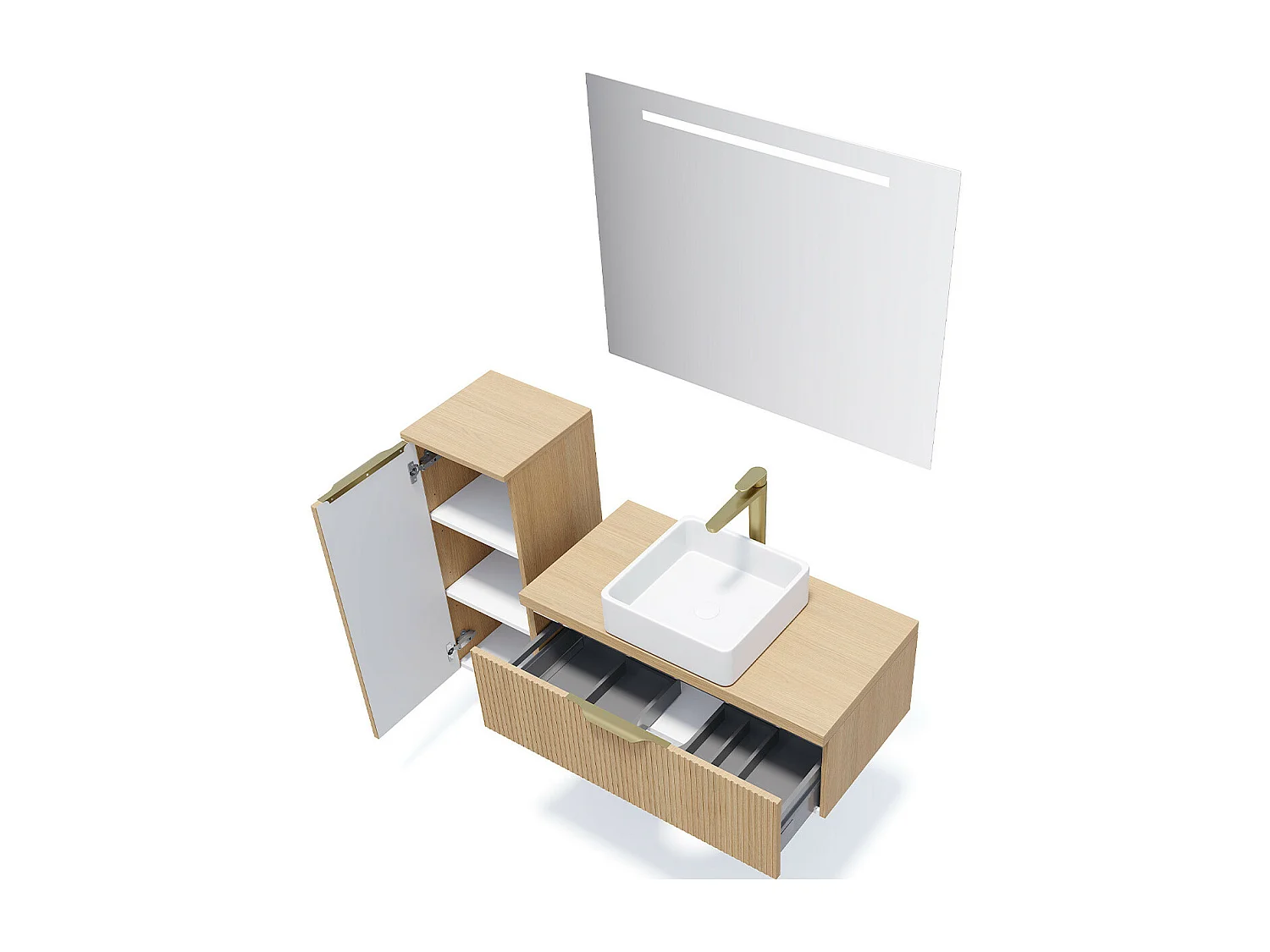 Meuble de salle de bain suspendu vasque à poser 90cm 1 tiroir Chêne cannelé + miroir + colonne ouverture gauche - Venice