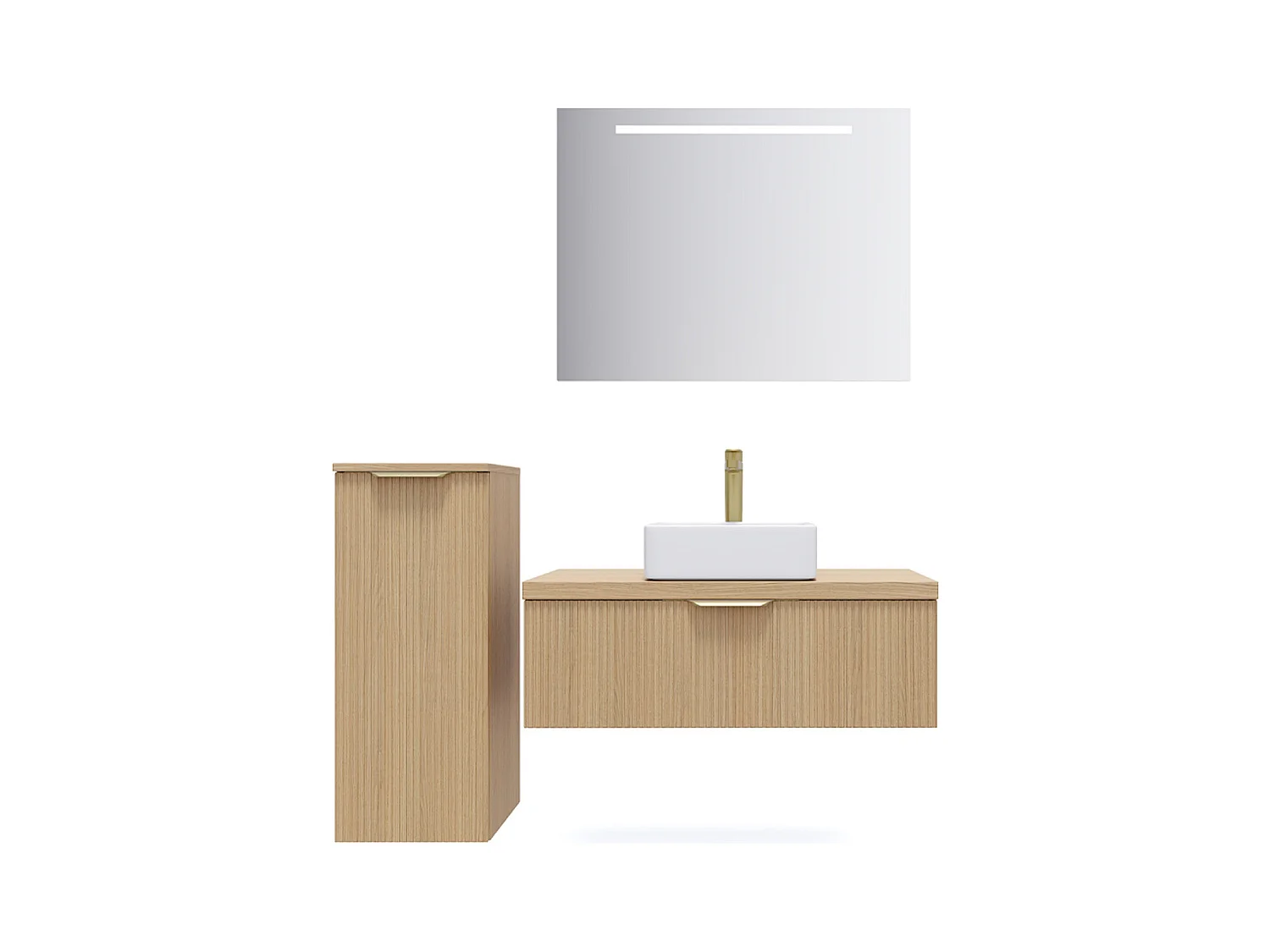 Meuble de salle de bain suspendu vasque à poser 90cm 1 tiroir Chêne cannelé + miroir + colonne ouverture gauche - Venice
