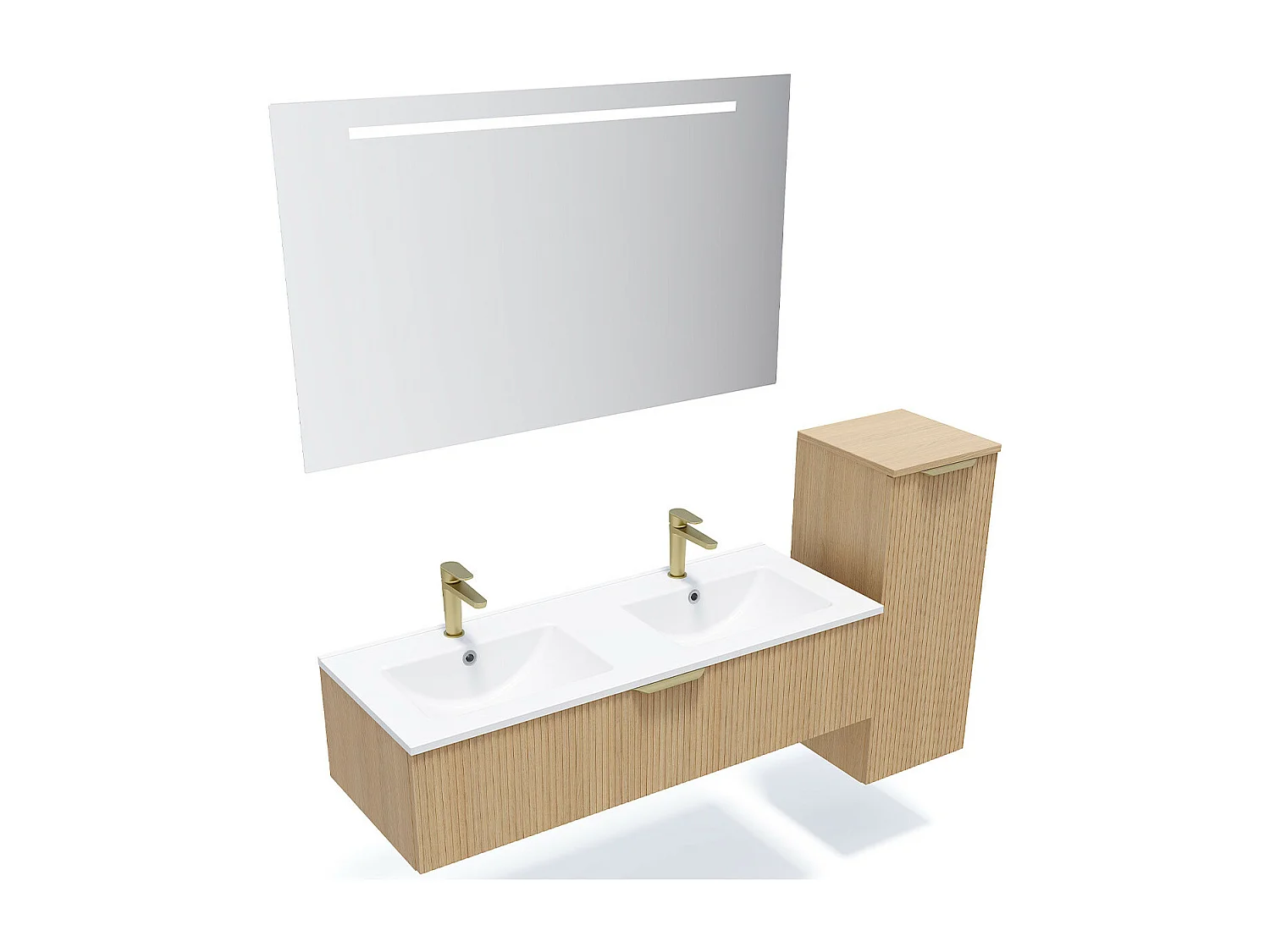 Meuble de salle de bain suspendu double vasque intégrée 120cm 1 tiroir Chêne cannelé + miroir +colonne ouverture droite - Venice