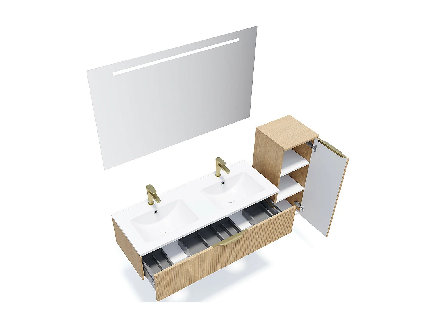 Meuble de salle de bain suspendu double vasque intégrée 120cm 1 tiroir Chêne cannelé + miroir +colonne ouverture droite - Venice