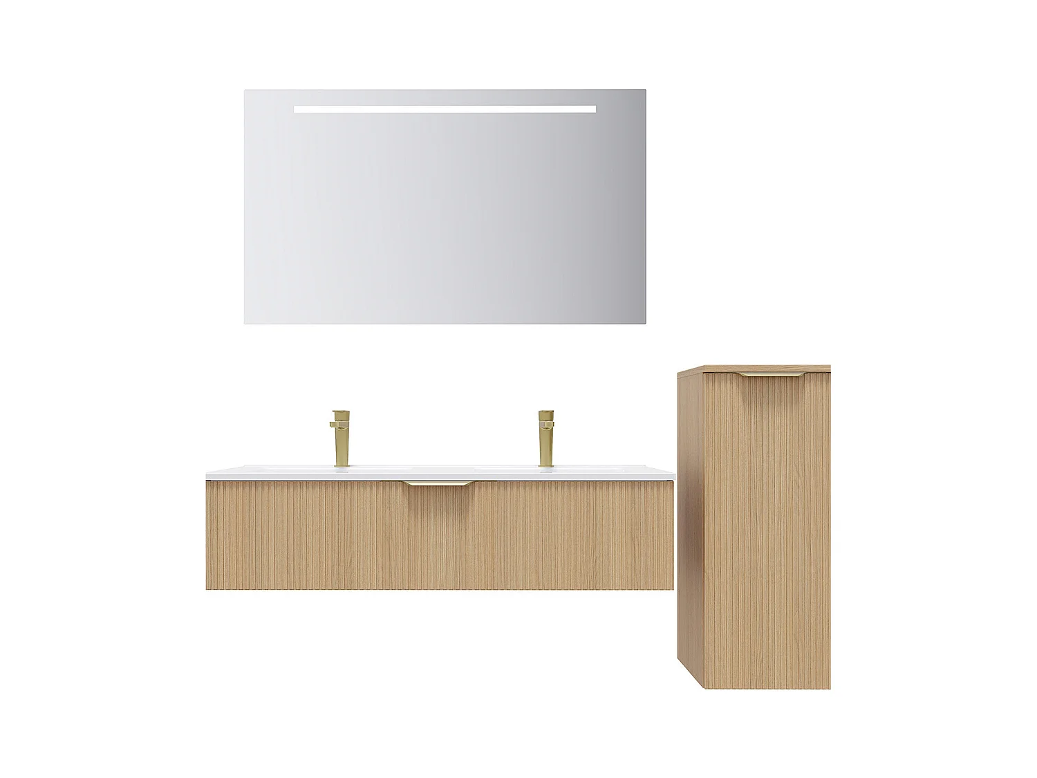Meuble de salle de bain suspendu double vasque intégrée 120cm 1 tiroir Chêne cannelé + miroir +colonne ouverture droite - Venice