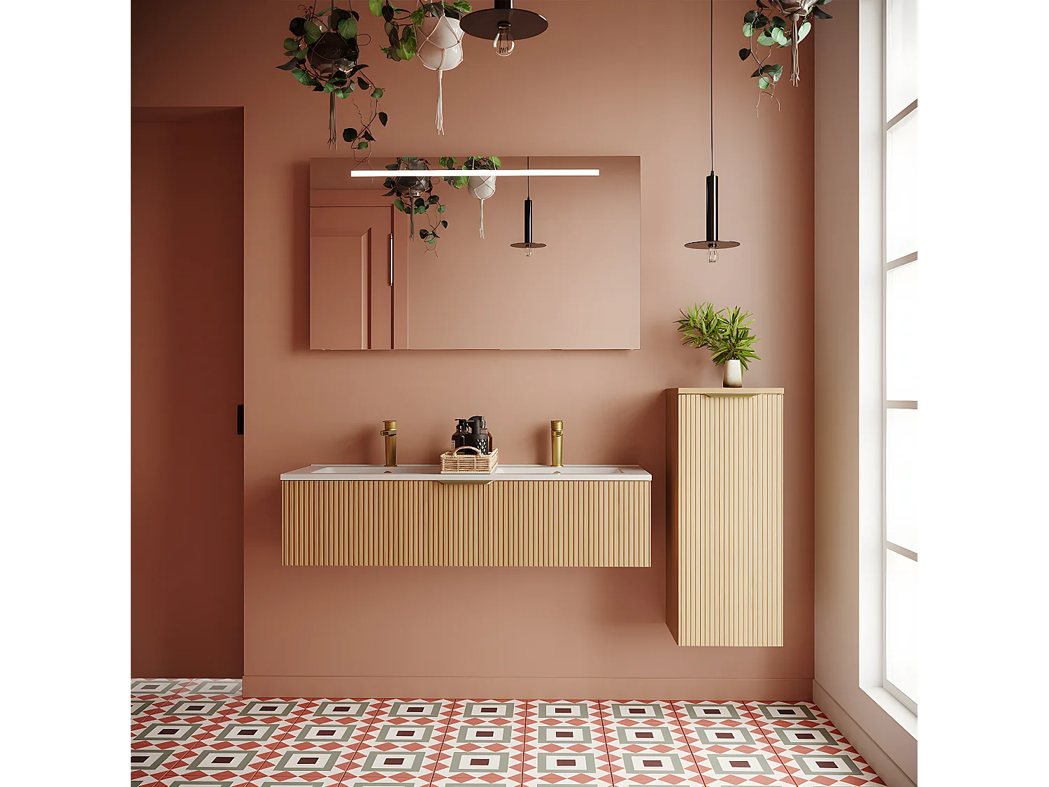 Meuble de salle de bain suspendu double vasque intégrée 120cm 1 tiroir Chêne cannelé + miroir +colonne ouverture droite - Venice