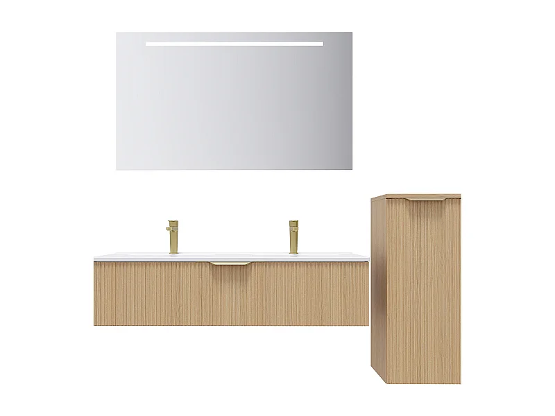 Meuble de salle de bain suspendu double vasque intégrée 120cm 1 tiroir Chêne cannelé + miroir +colonne ouverture droite - Venice