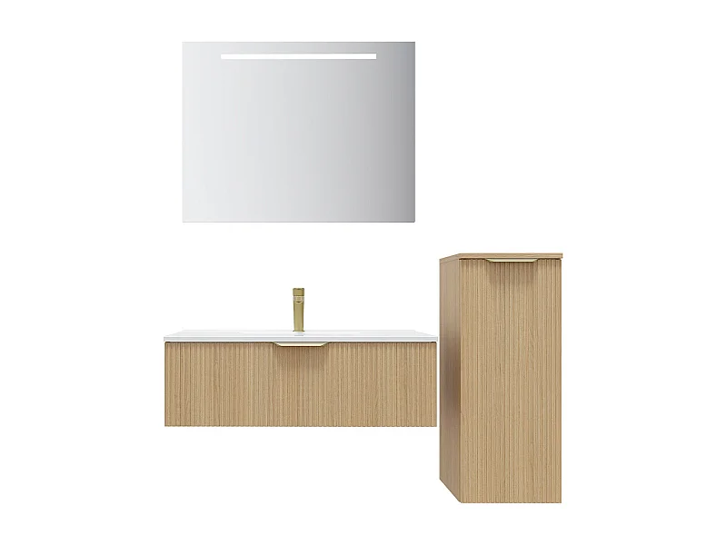 Meuble de salle de bain suspendu vasque intégrée 90cm 1 tiroir Chêne cannelé + miroir + colonne ouverture droite - Venice