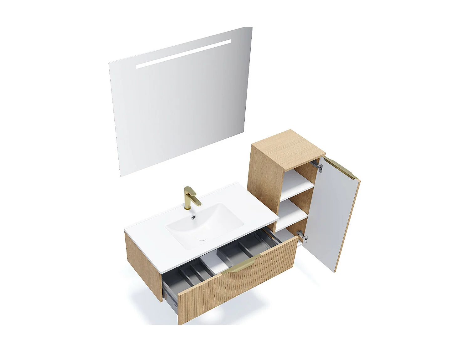 Meuble de salle de bain suspendu vasque intégrée 90cm 1 tiroir Chêne cannelé + miroir + colonne ouverture droite - Venice