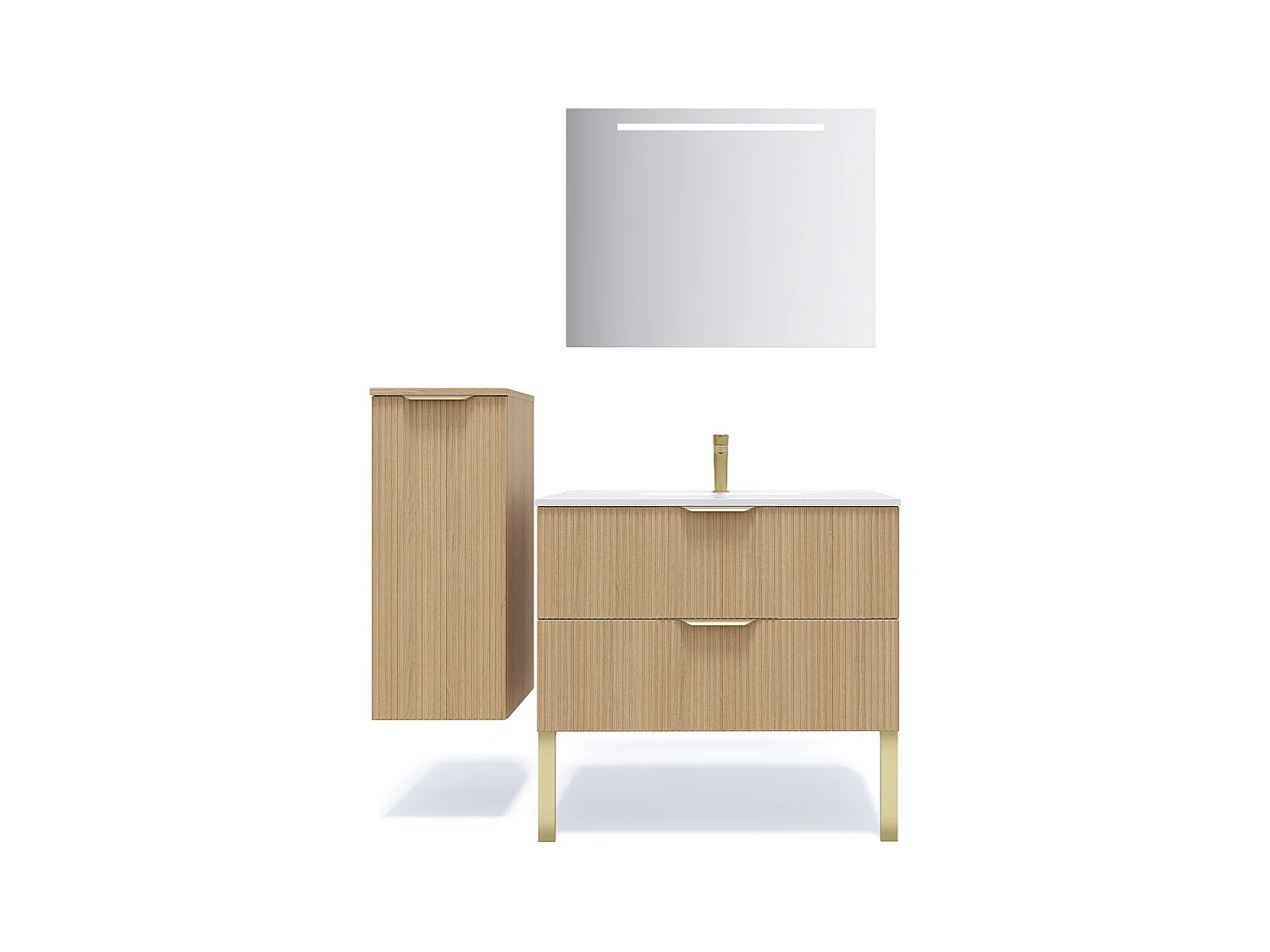 Meuble de salle de bain suspendu vasque intégrée 90cm 2 tiroirs Chêne cannelé + miroir + colonne ouverture gauche - Venice