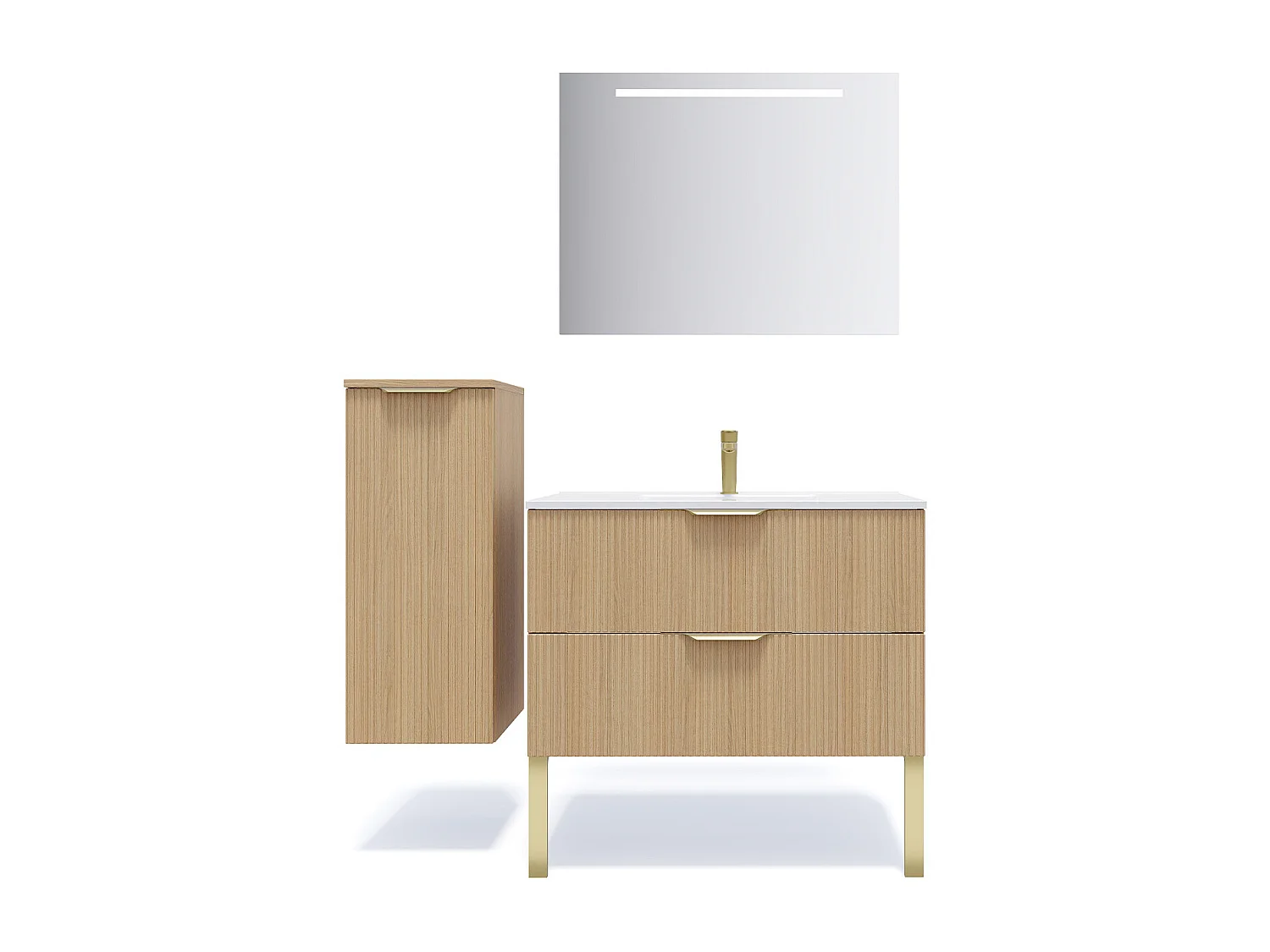 Meuble de salle de bain suspendu vasque intégrée 90cm 2 tiroirs Chêne cannelé + miroir + colonne ouverture gauche - Venice