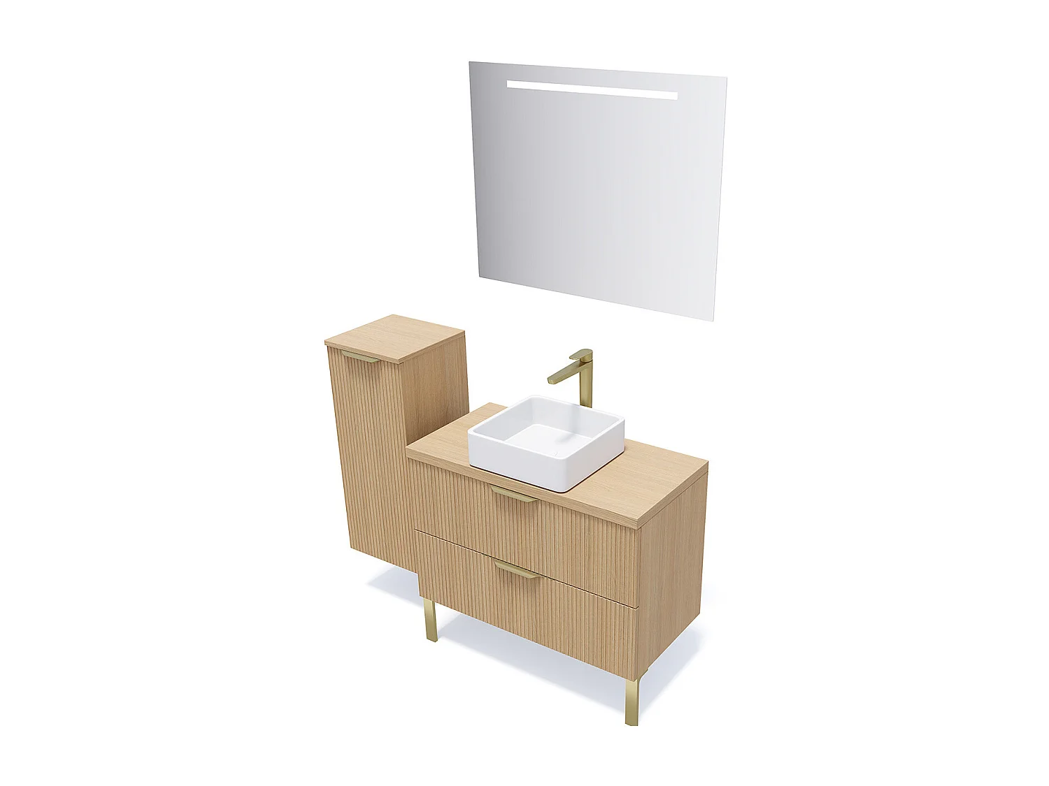 Meuble de salle de bain suspendu vasque à poser 90cm 2 tiroirs Chêne cannelé + miroir + colonne ouverture gauche - Venice