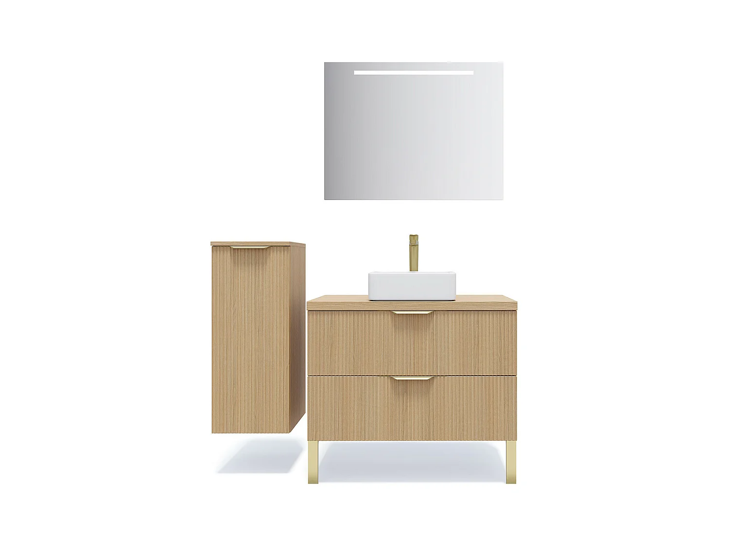 Meuble de salle de bain suspendu vasque à poser 90cm 2 tiroirs Chêne cannelé + miroir + colonne ouverture gauche - Venice