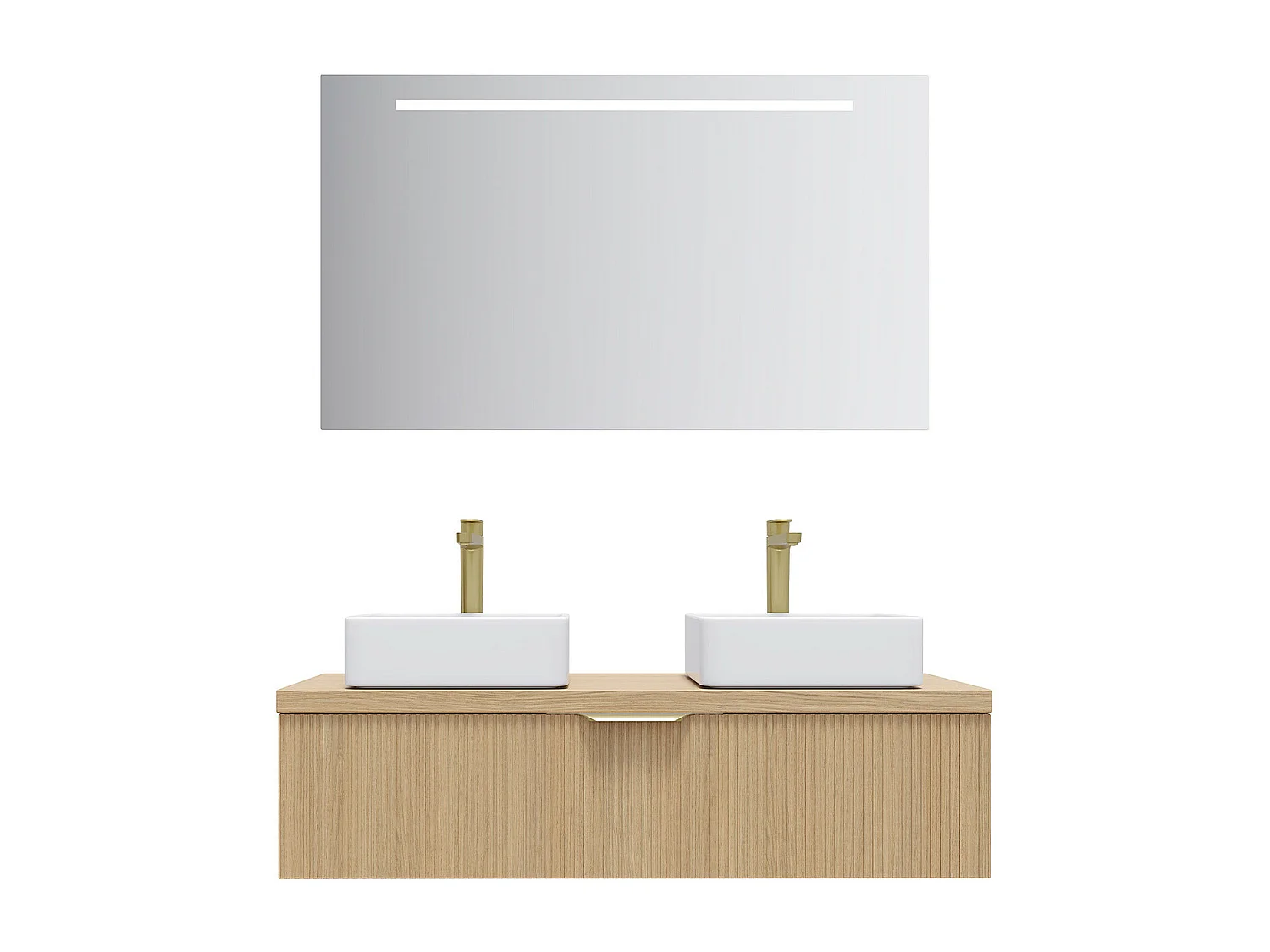 Meuble de salle de bain suspendu 2 vasques à poser 120cm 1 tiroir Chêne cannelé + miroir - Venice