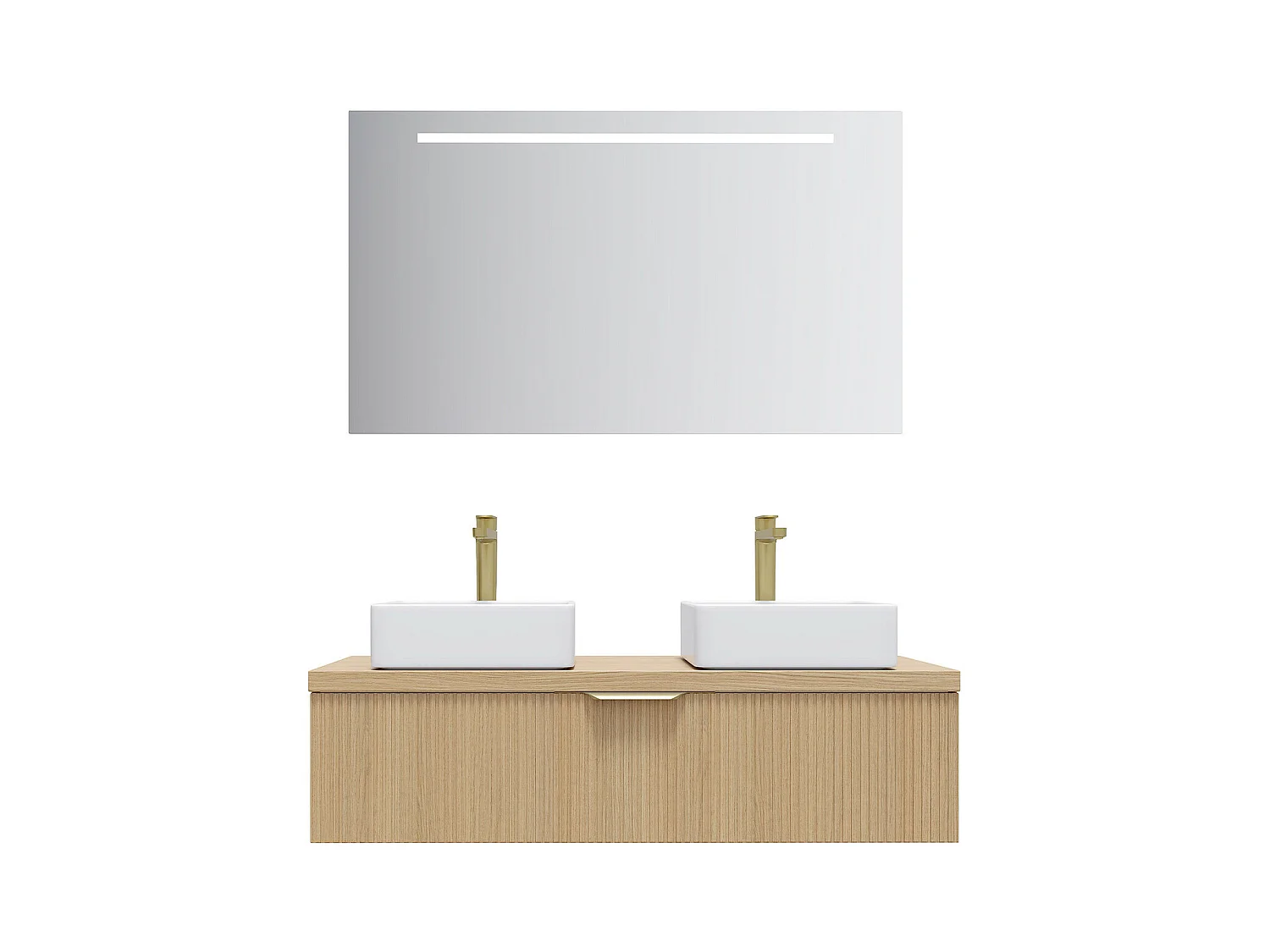 Meuble de salle de bain suspendu 2 vasques à poser 120cm 1 tiroir Chêne cannelé + miroir - Venice