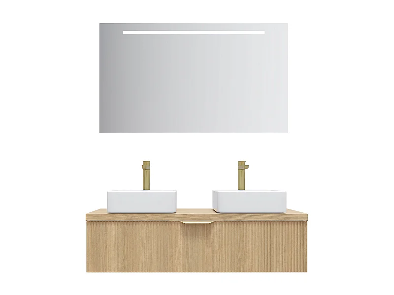 Meuble de salle de bain suspendu 2 vasques à poser 120cm 1 tiroir Chêne cannelé + miroir - Venice