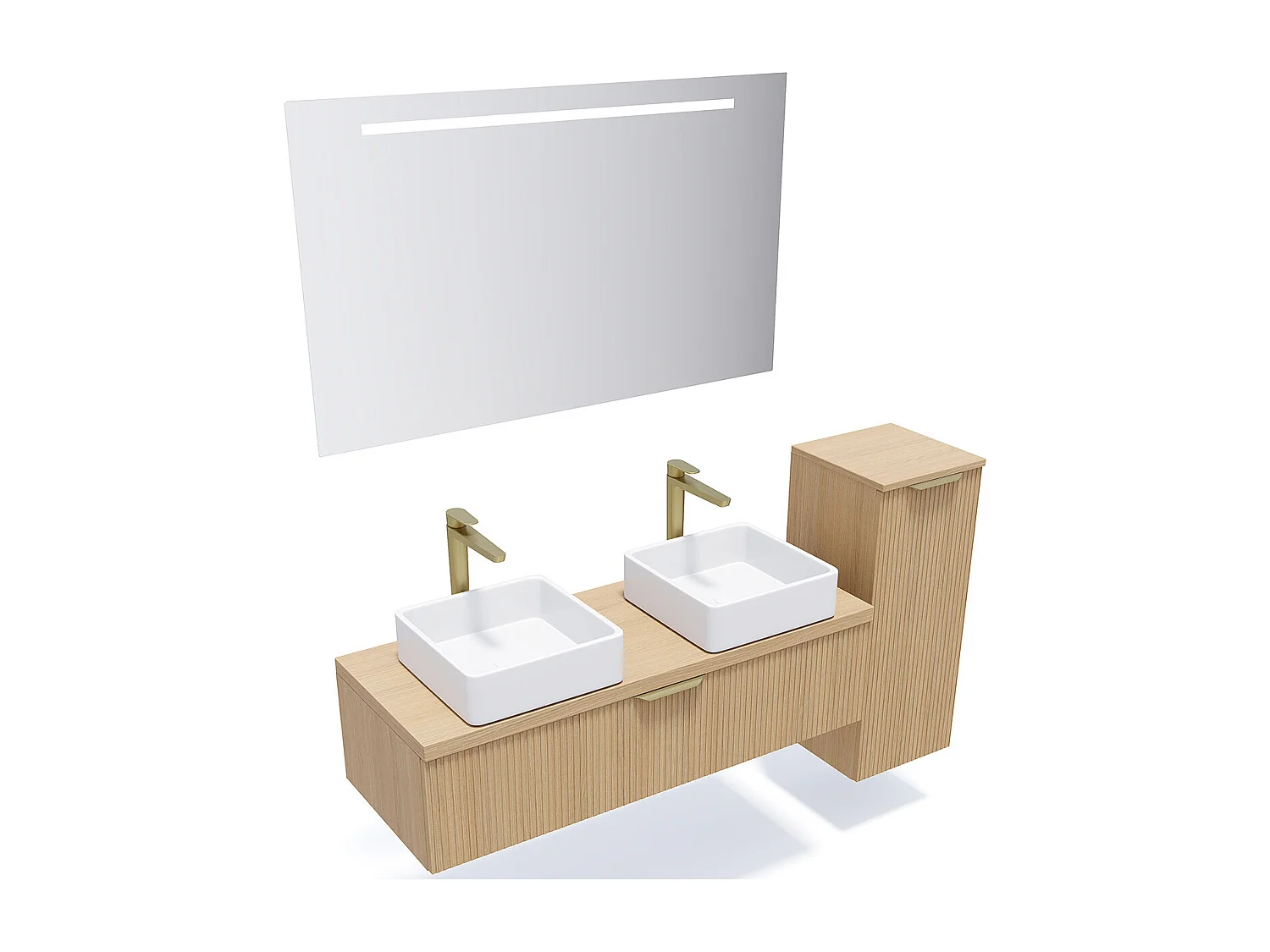 Meuble de salle de bain suspendu 2 vasques à poser 120cm 1 tiroir Chêne cannelé + miroir + colonne ouverture droite - Venice