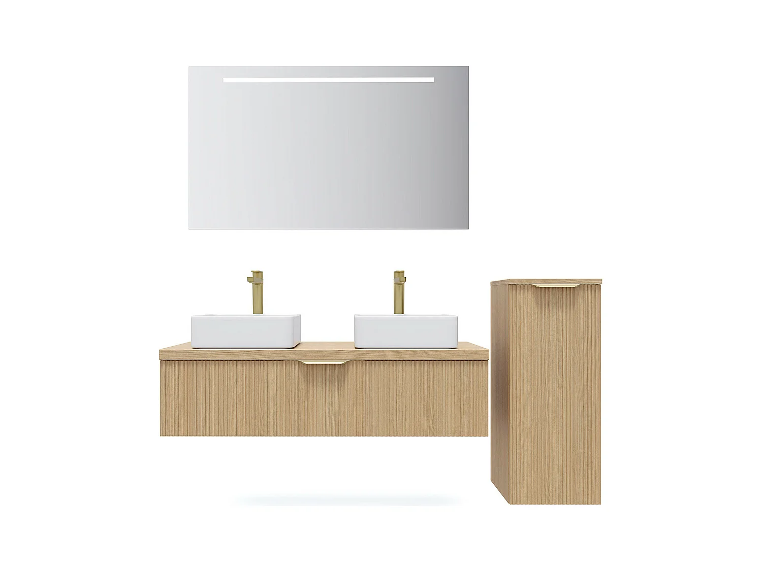 Meuble de salle de bain suspendu 2 vasques à poser 120cm 1 tiroir Chêne cannelé + miroir + colonne ouverture droite - Venice