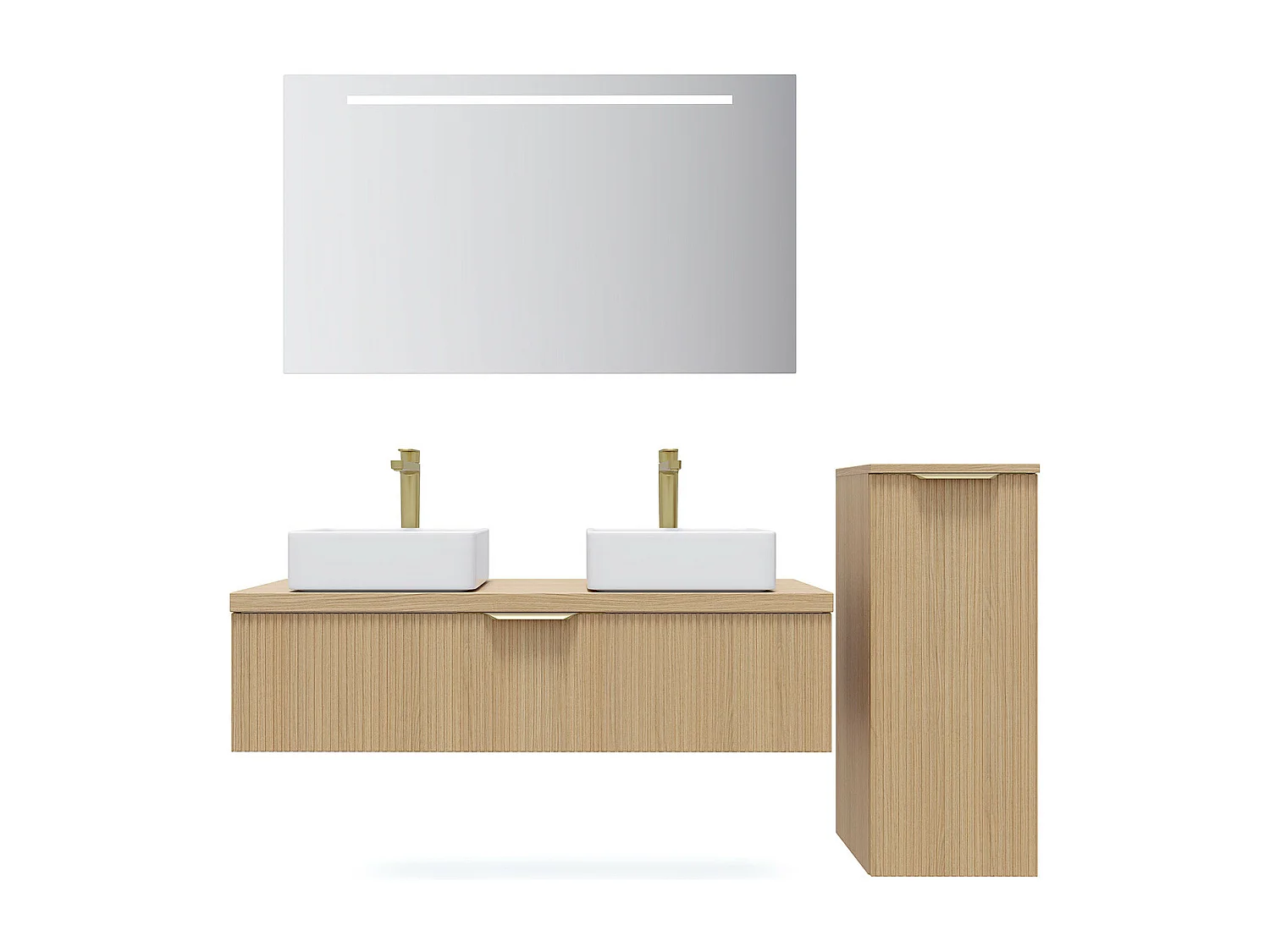 Meuble de salle de bain suspendu 2 vasques à poser 120cm 1 tiroir Chêne cannelé + miroir + colonne ouverture droite - Venice