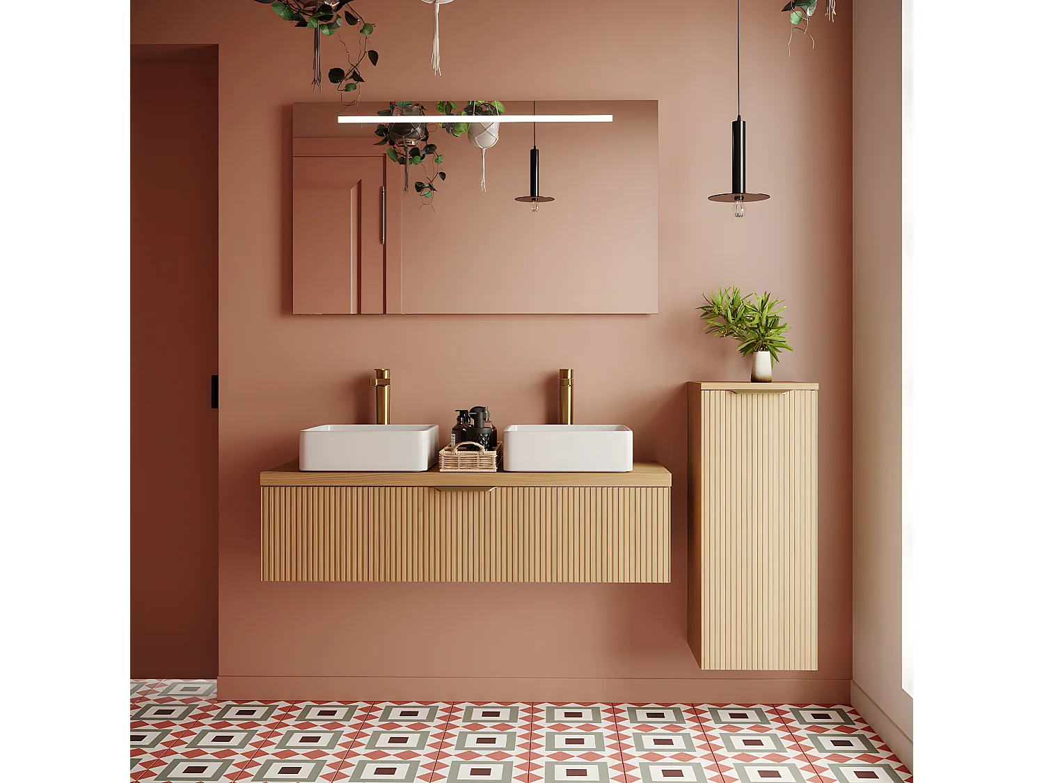 Meuble de salle de bain suspendu 2 vasques à poser 120cm 1 tiroir Chêne cannelé + miroir + colonne ouverture droite - Venice