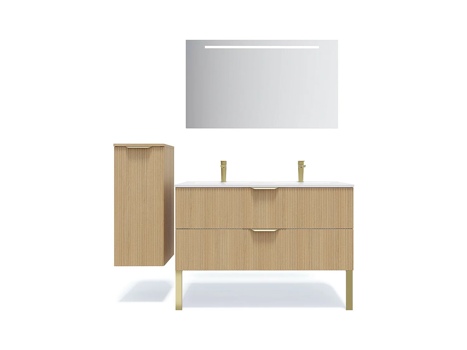 Meuble de salle de bain suspendu double vasque intégrée 120cm 2 tiroirs Chêne cannelé +miroir +colonne ouverture gauche - Venice
