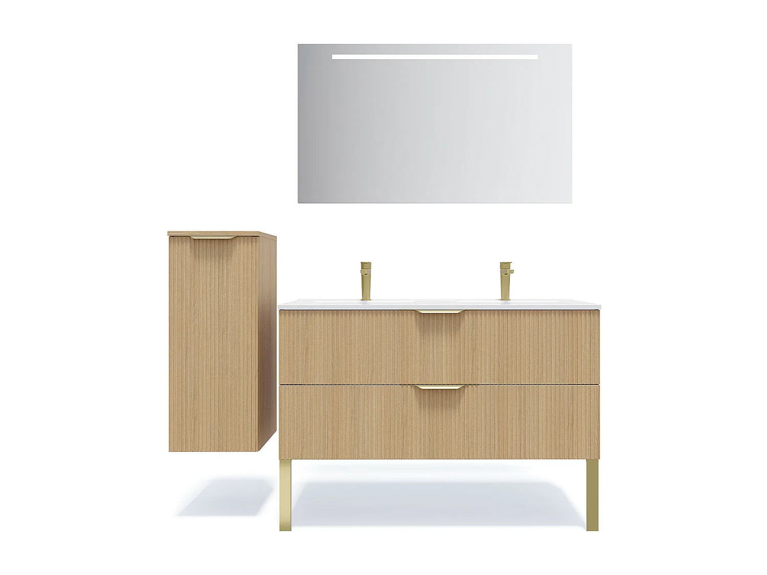 Meuble de salle de bain suspendu double vasque intégrée 120cm 2 tiroirs Chêne cannelé +miroir +colonne ouverture gauche - Venice