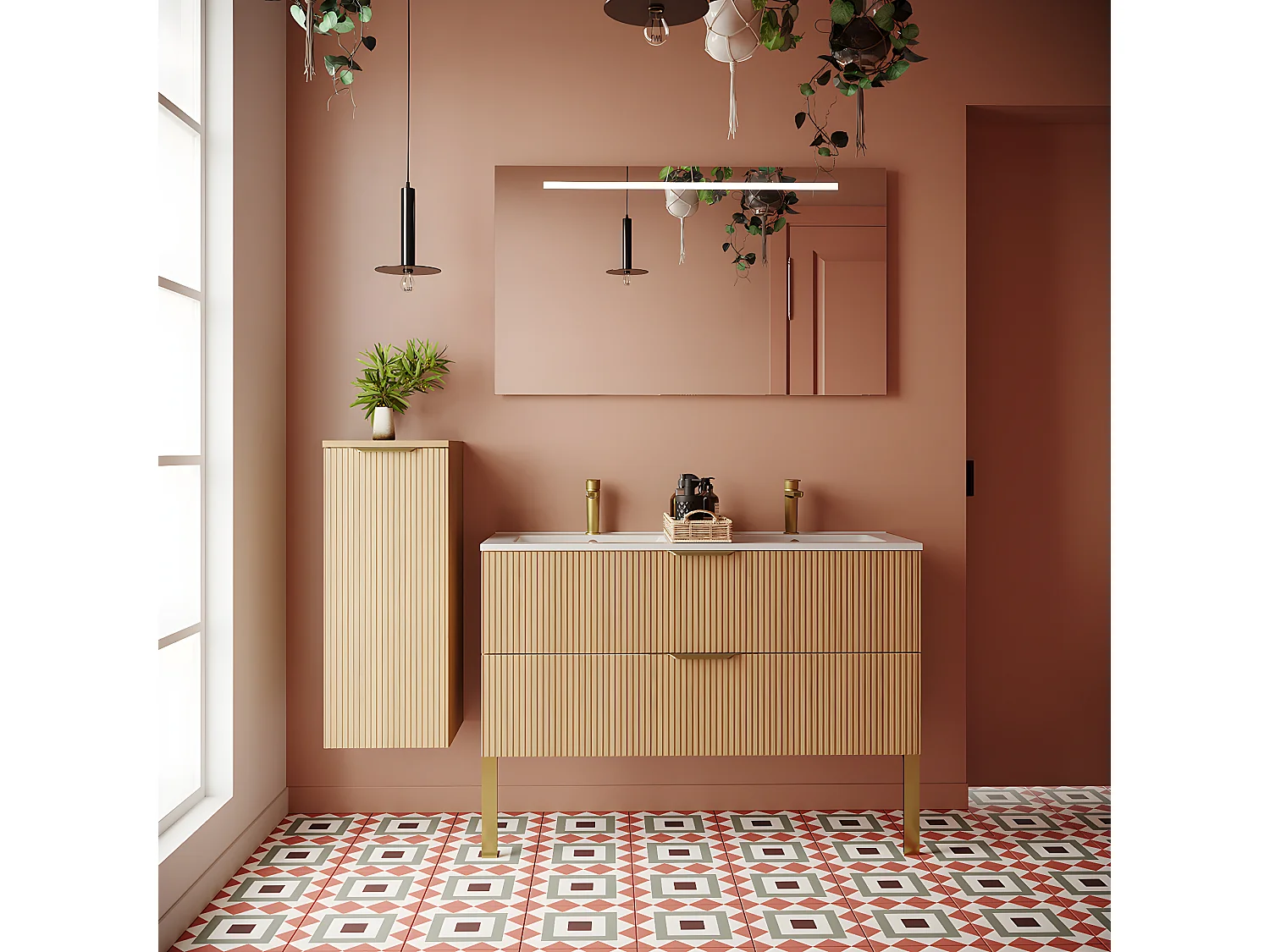 Meuble de salle de bain suspendu double vasque intégrée 120cm 2 tiroirs Chêne cannelé +miroir +colonne ouverture gauche - Venice