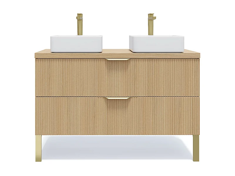 Meuble de salle de bain suspendu 2 vasques à poser 120cm 2 tiroirs Chêne cannelé - Venice