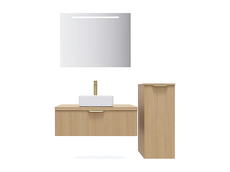 Meuble de salle de bain suspendu vasque à poser 90cm 1 tiroir Chêne cannelé + miroir + colonne ouverture droite - Venice
