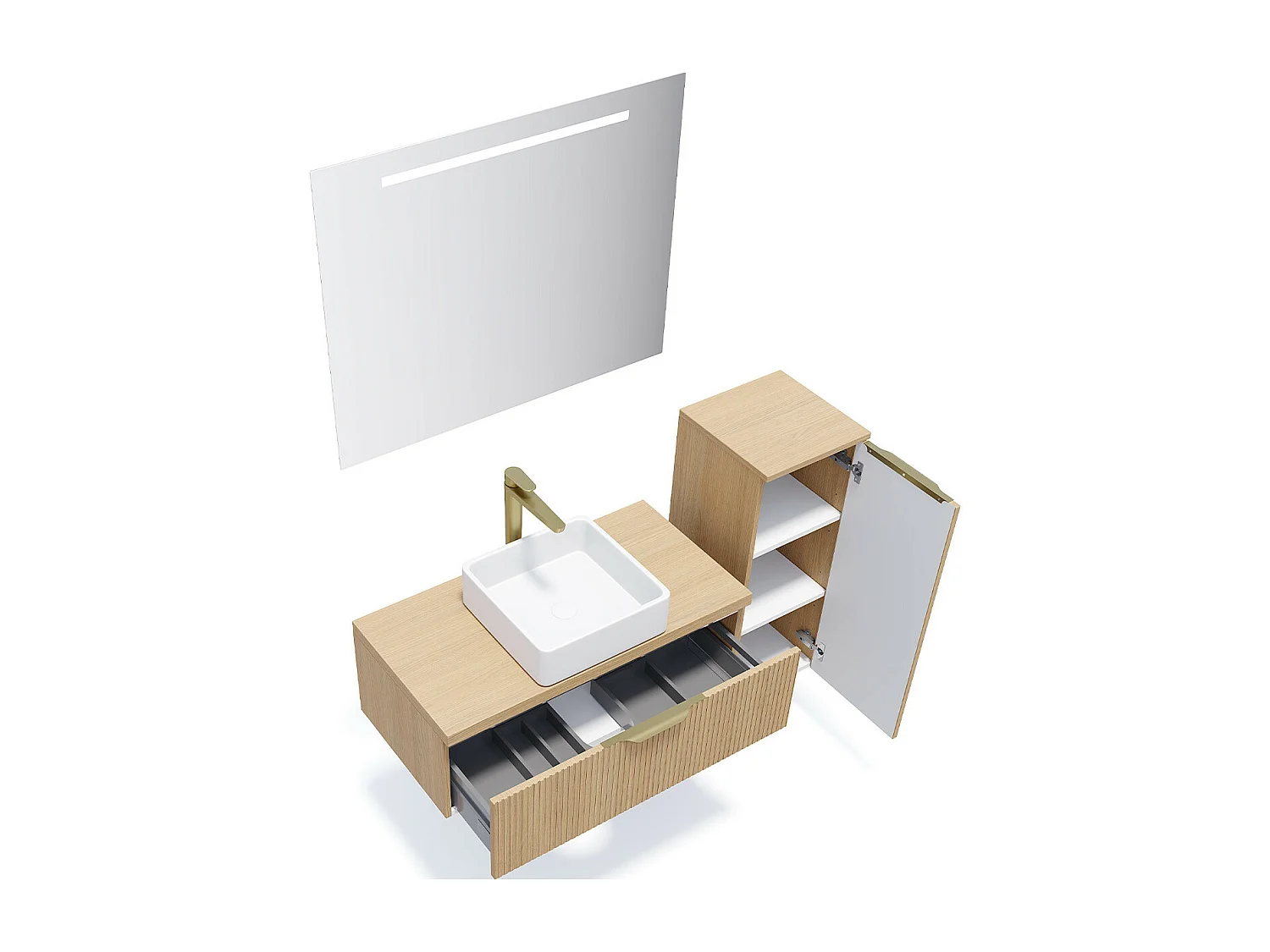 Meuble de salle de bain suspendu vasque à poser 90cm 1 tiroir Chêne cannelé + miroir + colonne ouverture droite - Venice