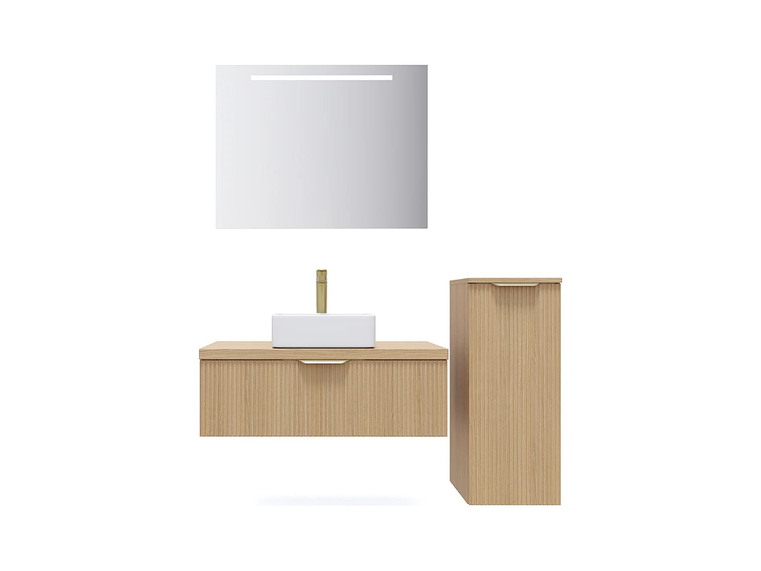 Meuble de salle de bain suspendu vasque à poser 90cm 1 tiroir Chêne cannelé + miroir + colonne ouverture droite - Venice