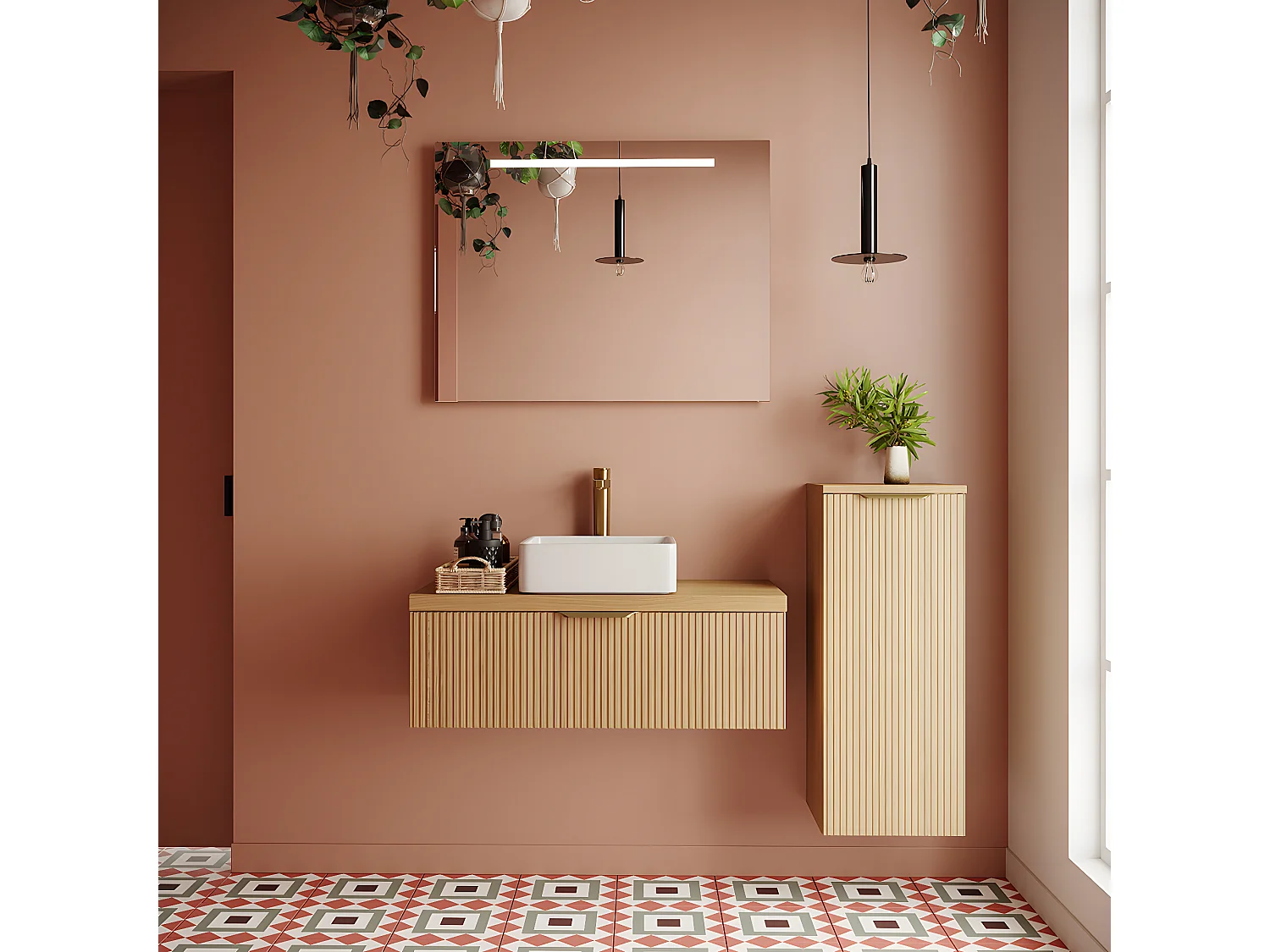 Meuble de salle de bain suspendu vasque à poser 90cm 1 tiroir Chêne cannelé + miroir + colonne ouverture droite - Venice