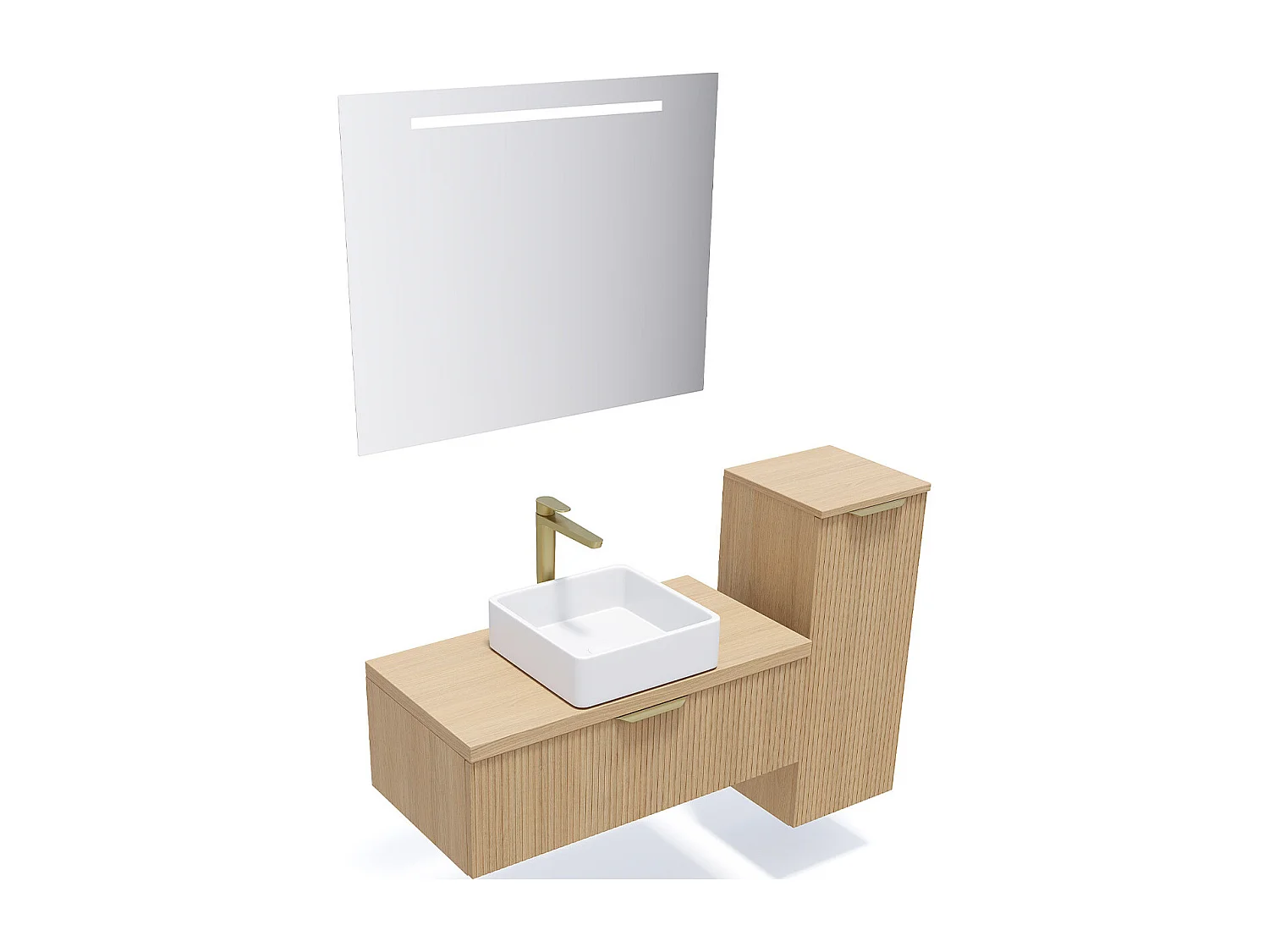 Meuble de salle de bain suspendu vasque à poser 90cm 1 tiroir Chêne cannelé + miroir + colonne ouverture droite - Venice