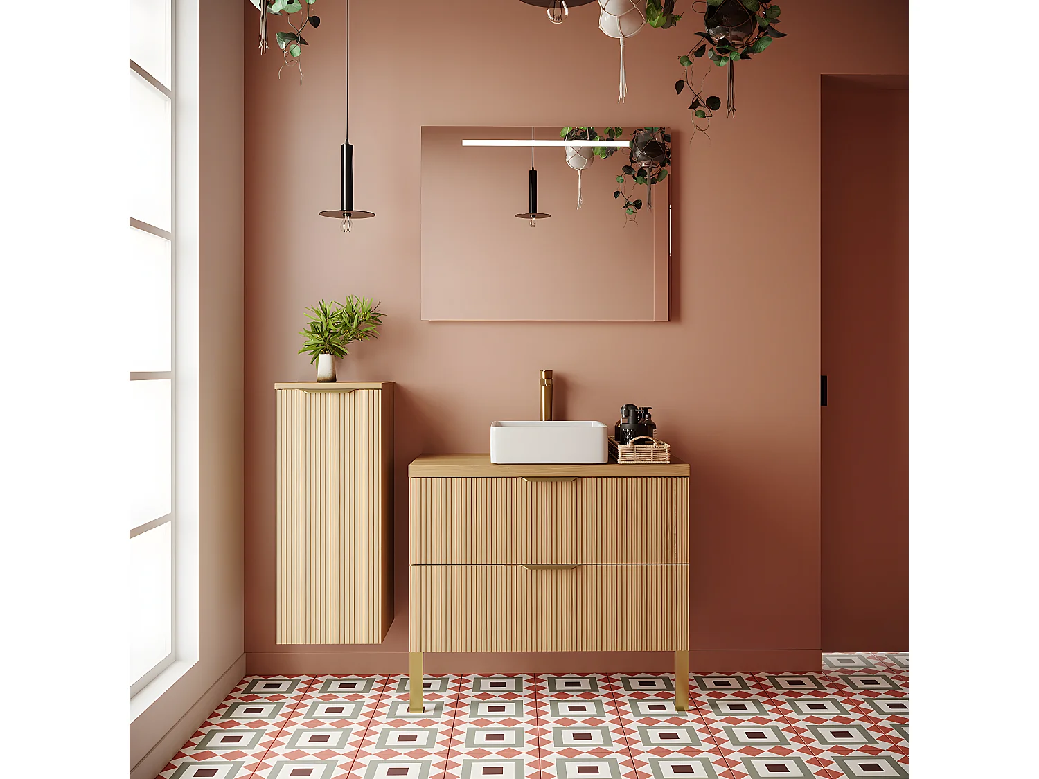 Meuble de salle de bain suspendu vasque à poser 90cm 2 tiroirs Chêne cannelé + miroir - Venice