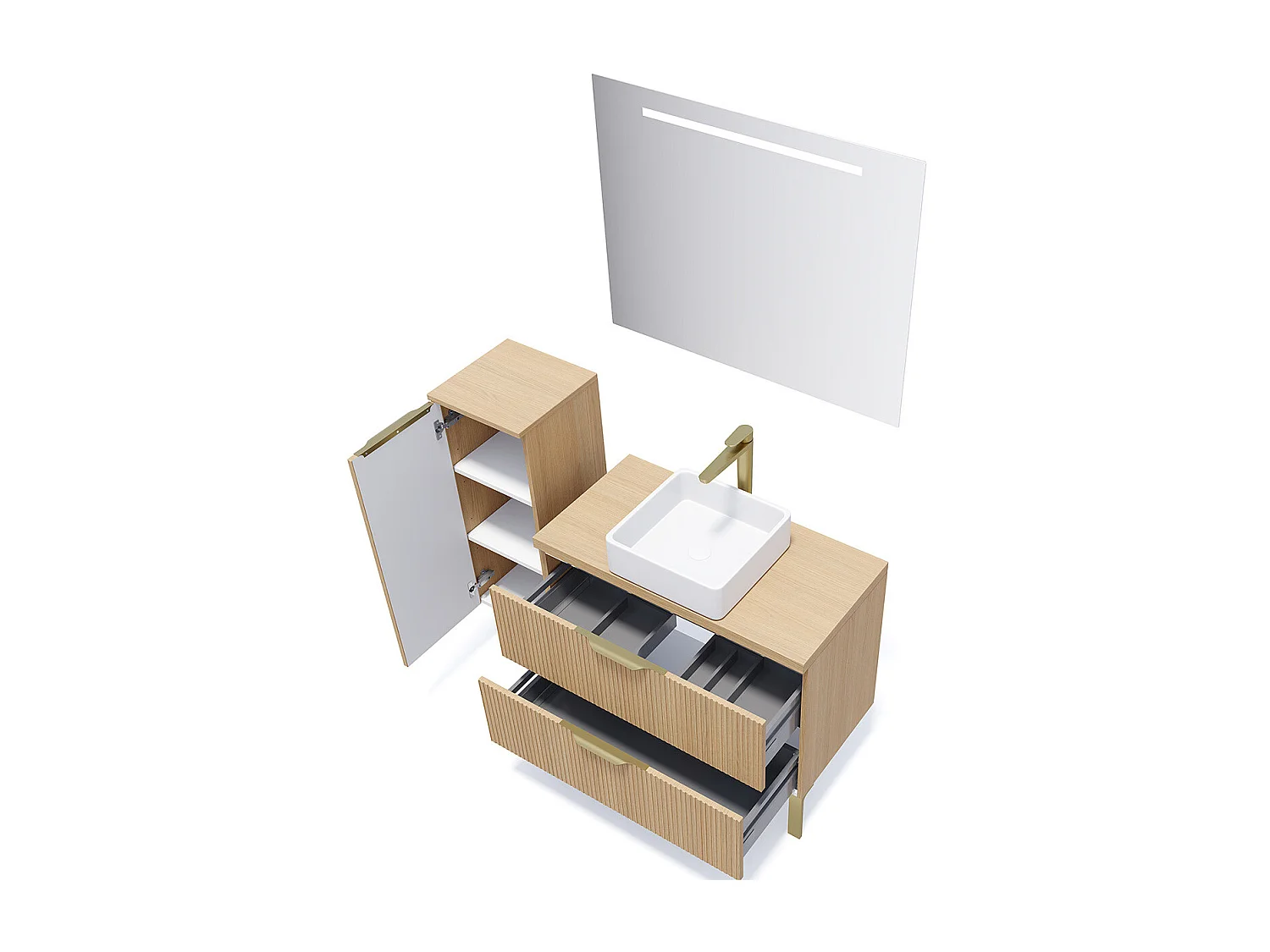 Meuble de salle de bain suspendu vasque à poser 90cm 2 tiroirs Chêne cannelé + miroir - Venice